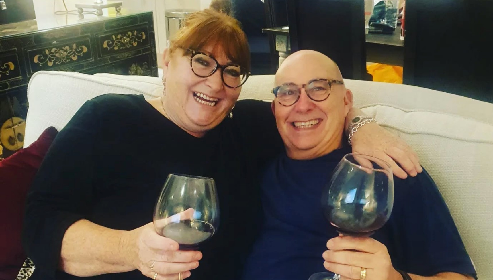 Gogglebox's Sue and Steve sit together with glasses of wine