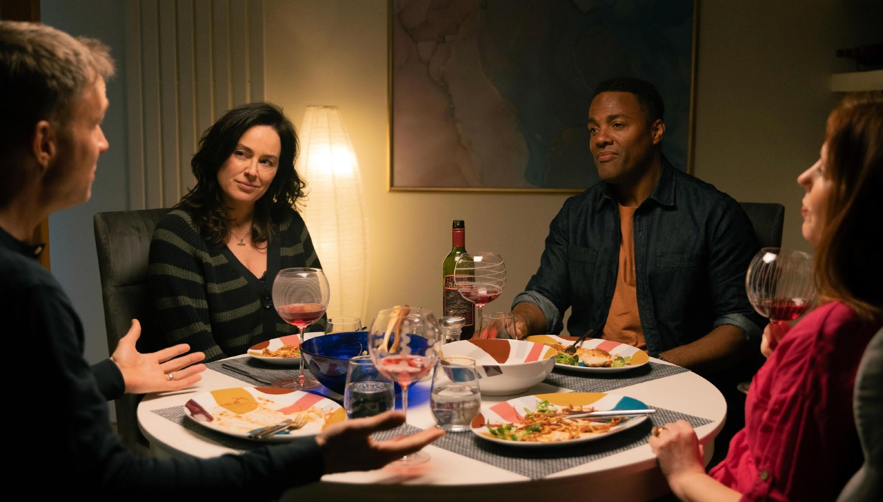 Jill Halfpenny and the main cast of The Feud sat around a dinner table