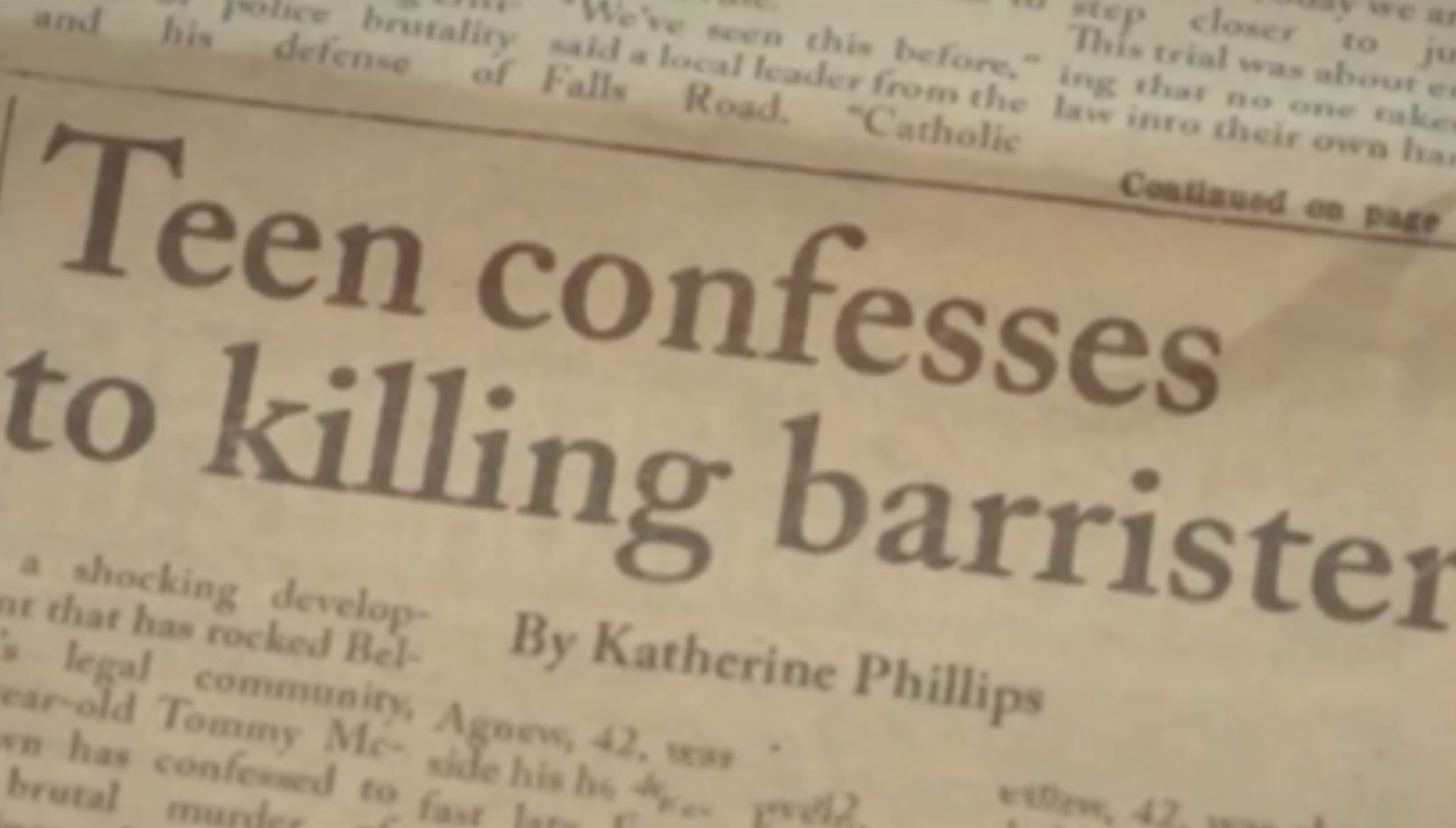 Newspaper article of Michael's death in the Trespasses ending on Channel 4