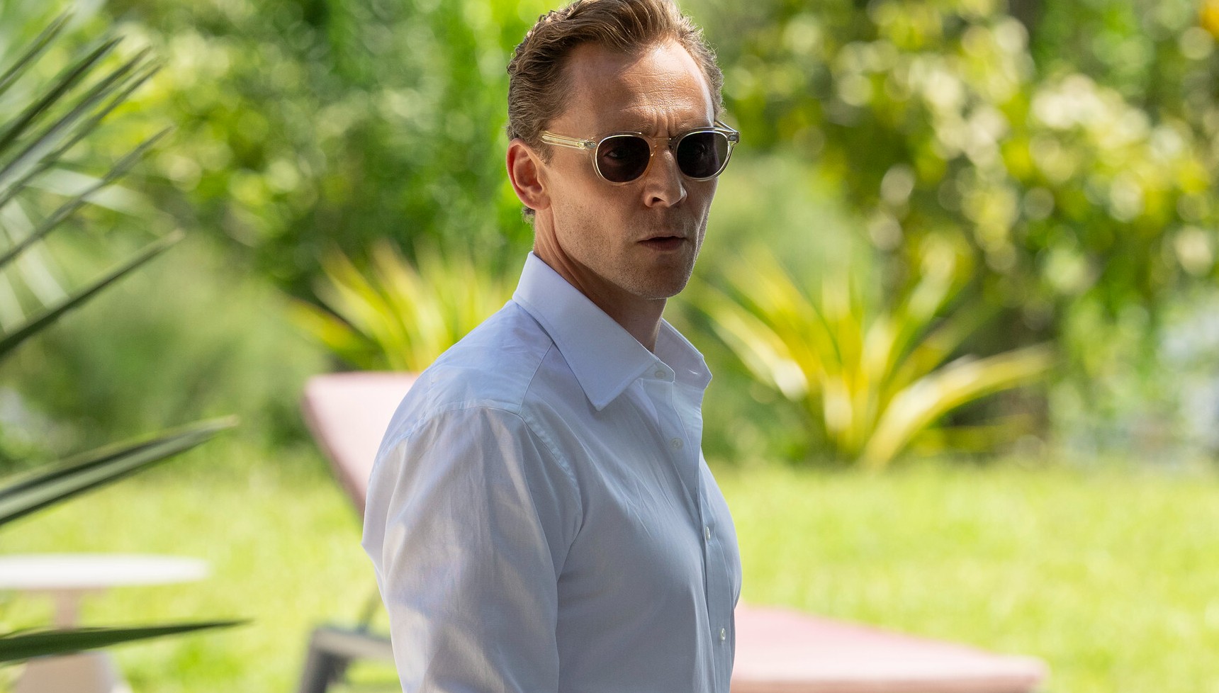 The Night Manager series 2 promo shot of Tom Hiddleston in sunglasses