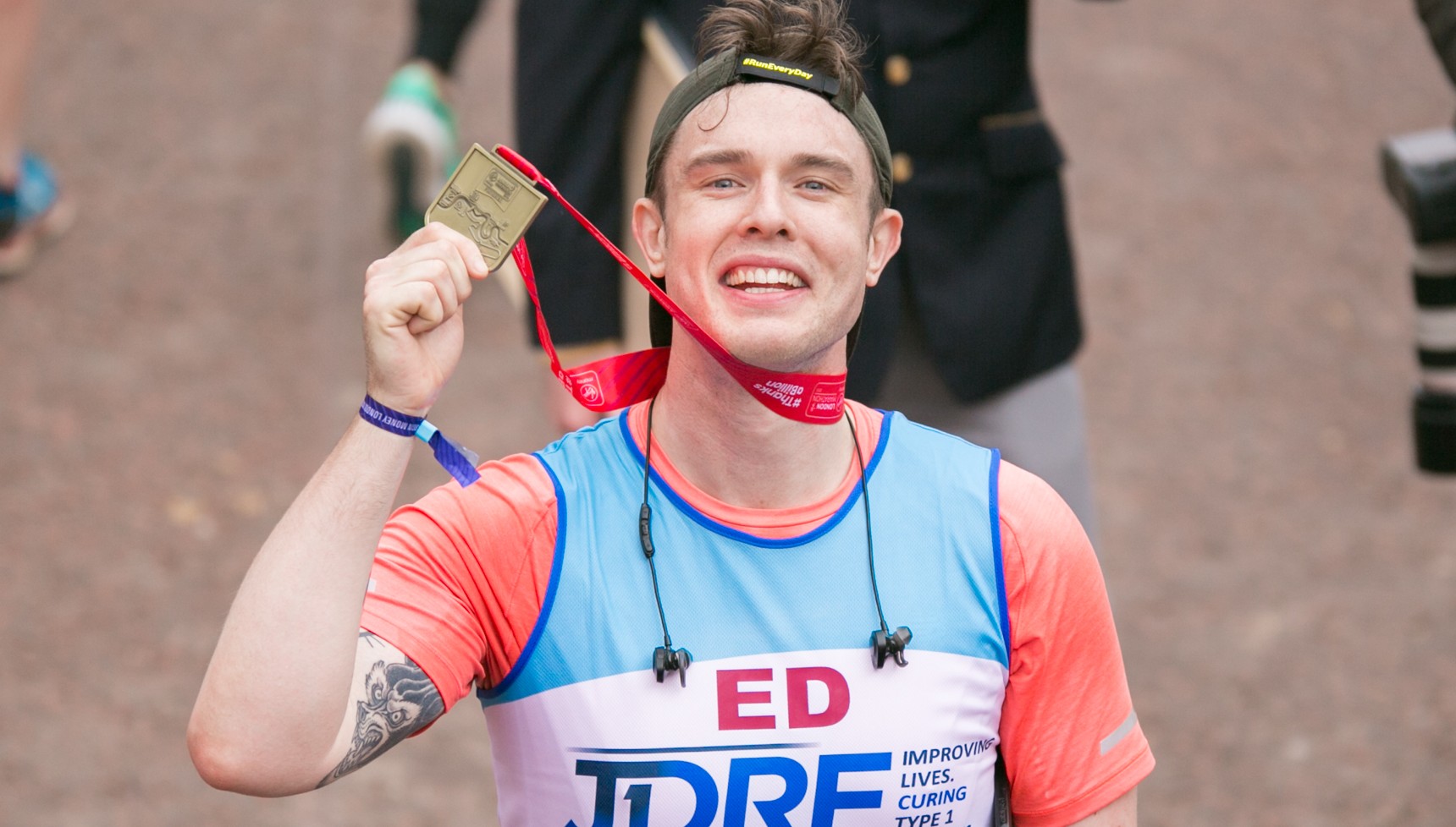 Ed Gamble at the finishing line of the Virgin Money London Marathon, in London, UK. 28th April 2019