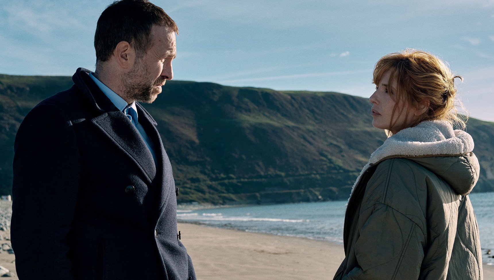 Rafe Spall and Kelly Reilly in Under Salt Marsh promo shot