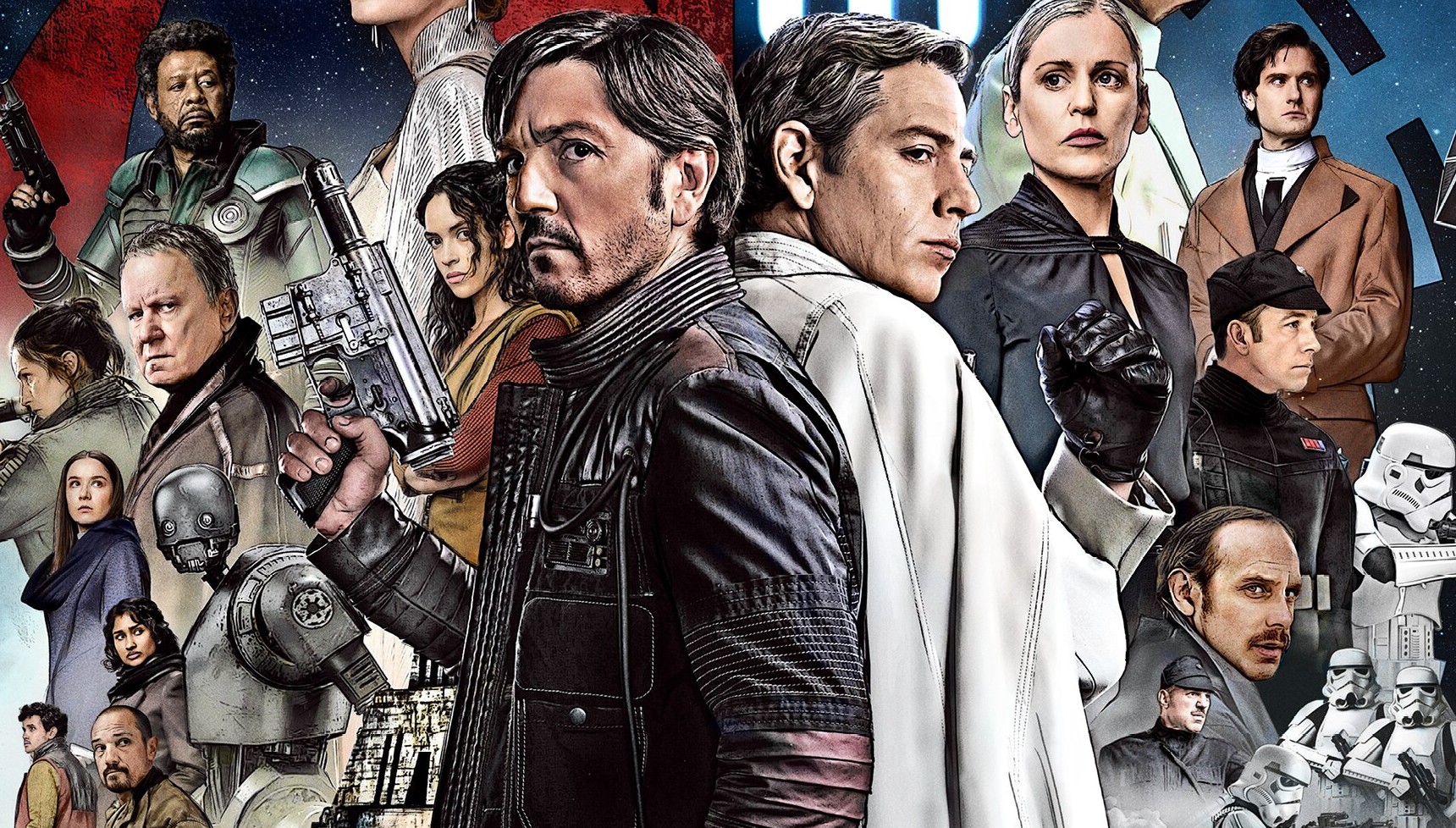 Diego Luna's Cassian Andor and Ben Mendelsohn's Orson Krennic pose on a Andor character poster