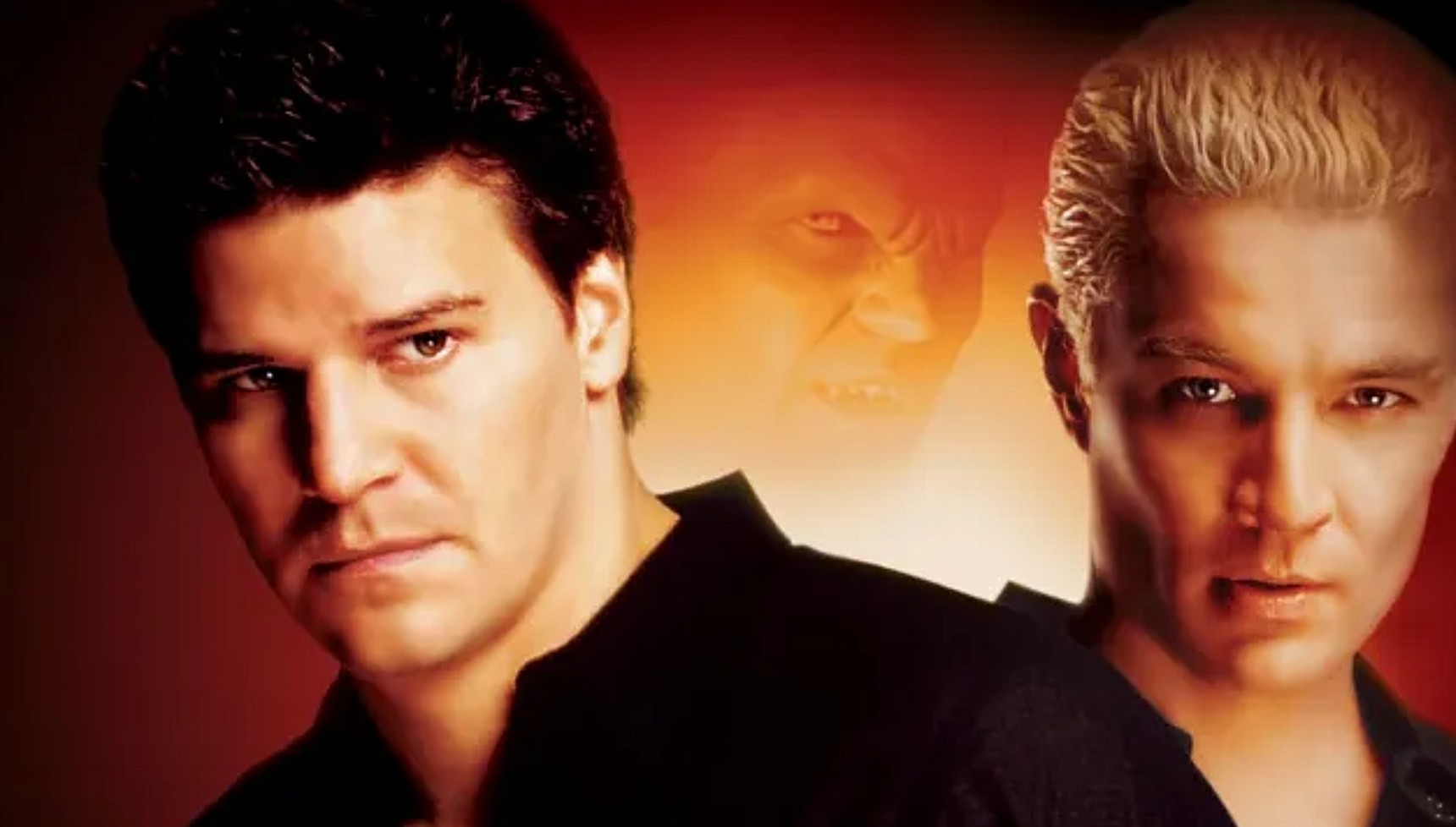 David Boreanaz and Glenn Quinn on the poster for Angel with a demon in the background
