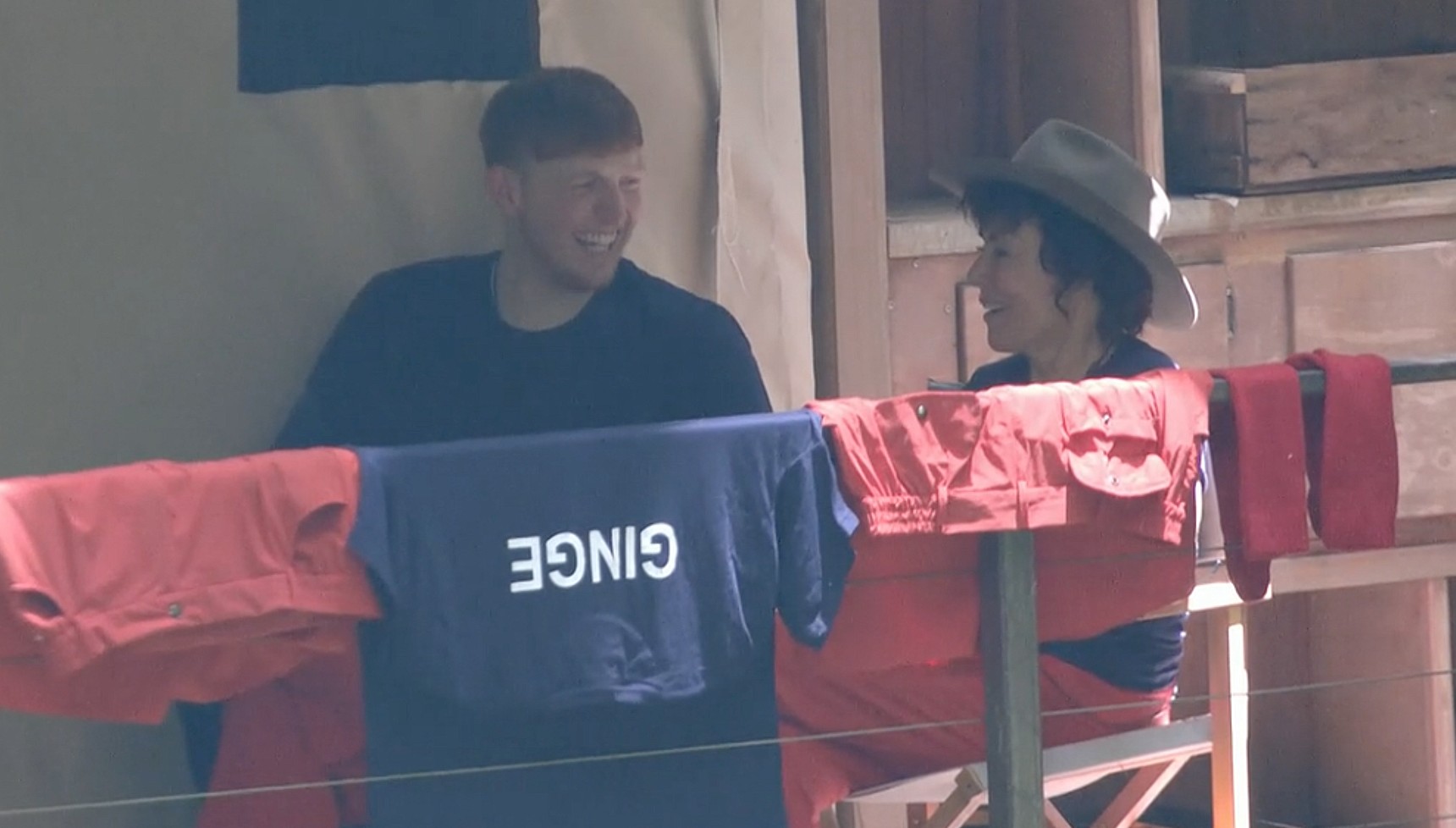 Angry Ginge laughing with Ruby Wax in the camp treehouse in I'm A Celebrity