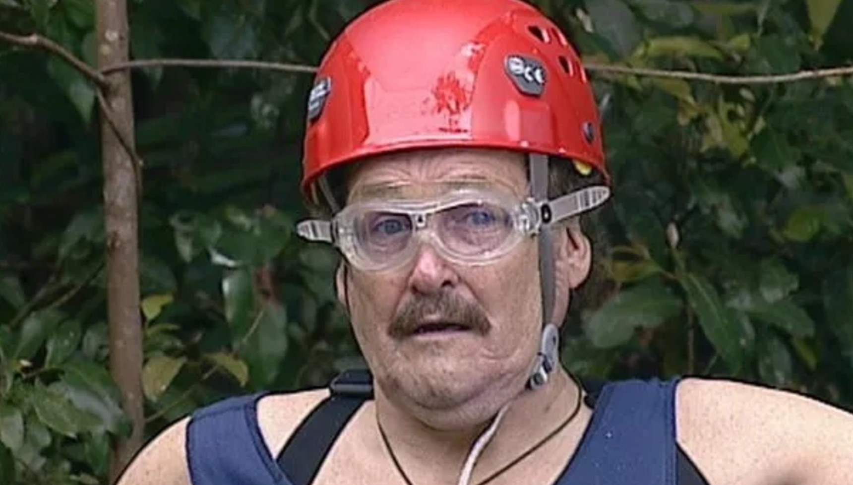Bobby Ball in goggles and a red helmet in I'm A Celebrity