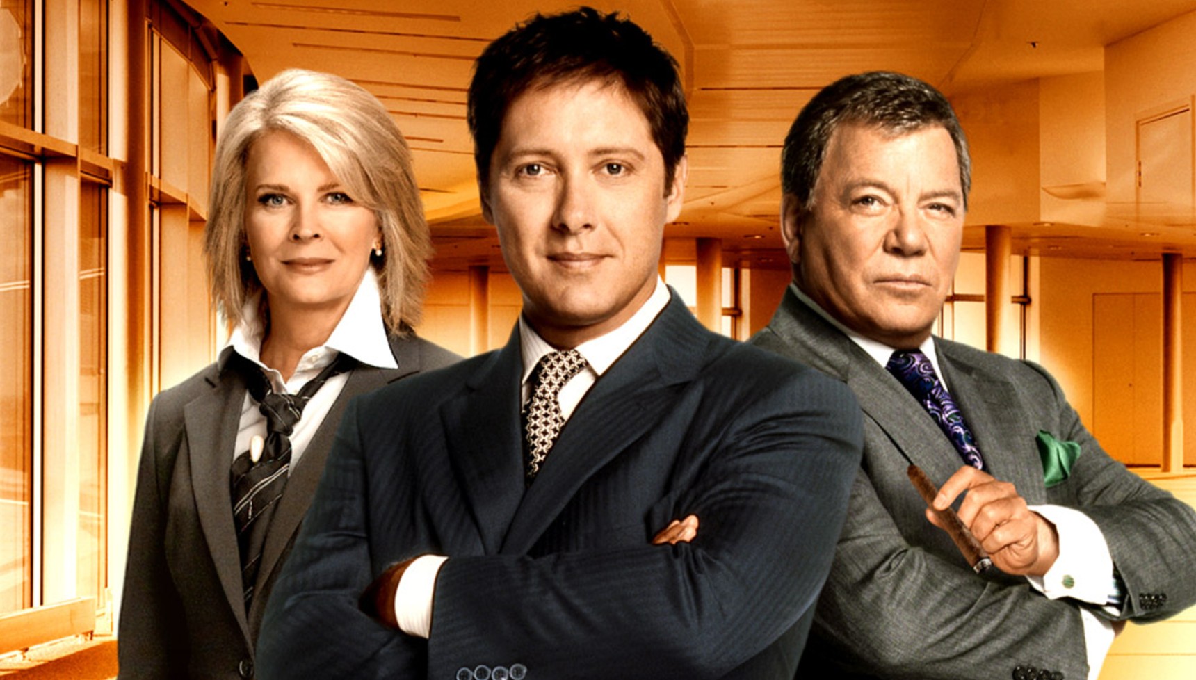 Candice Bergen, James Spader, and William Shatner posing together in suits on a poster for Boston Legal
