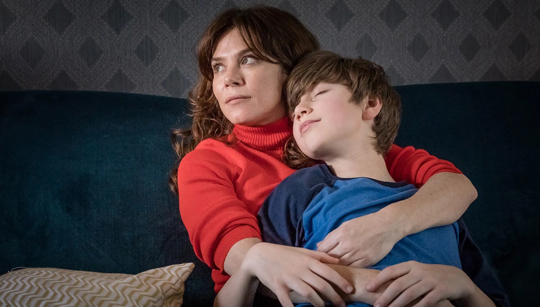 Anna Friel hugging Callum Booth-Ford in Butterfly