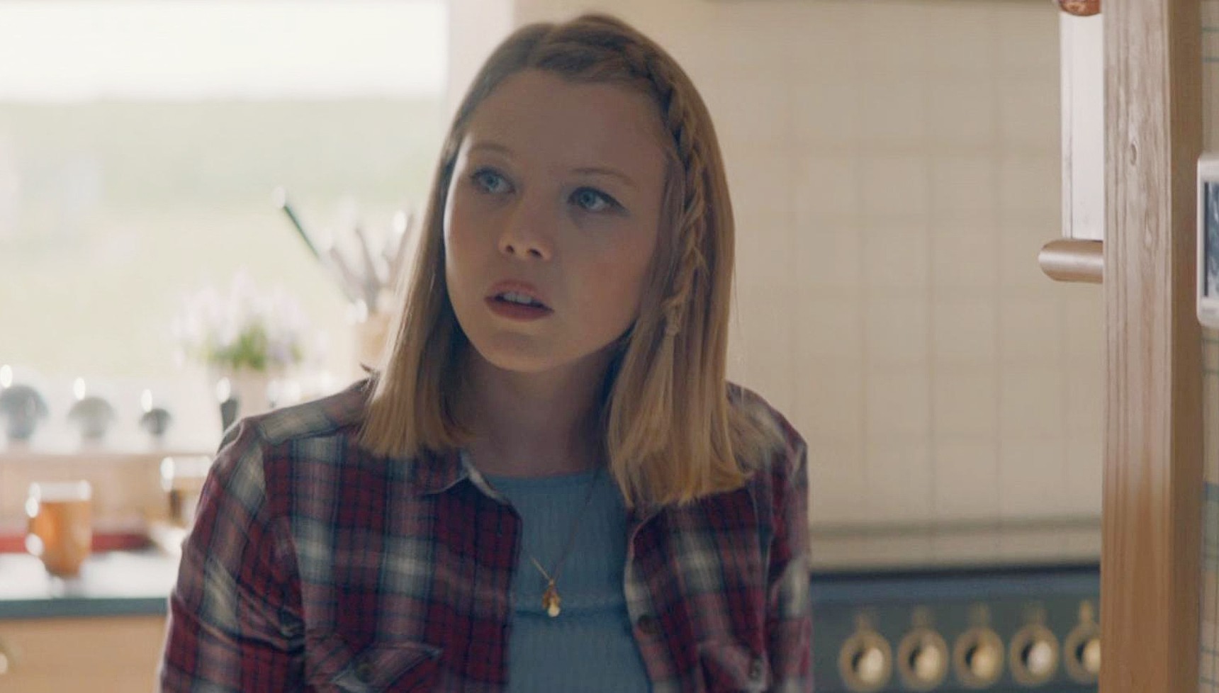 Charlotte Beaumont in a plaid shirt in Broadchurch