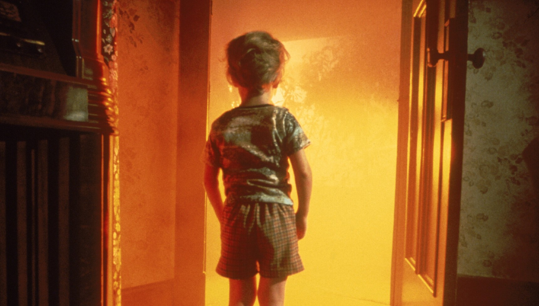 A young boy looking out at a bright glowing object in Close Encounters of the Third Kind