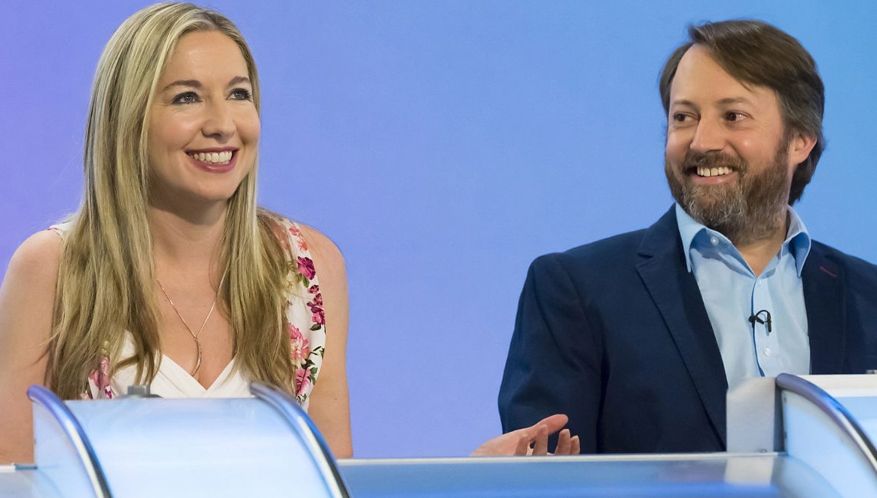 Victoria Coren Mitchell smiling as David Mitchell smiles at her on Would I Lie to You