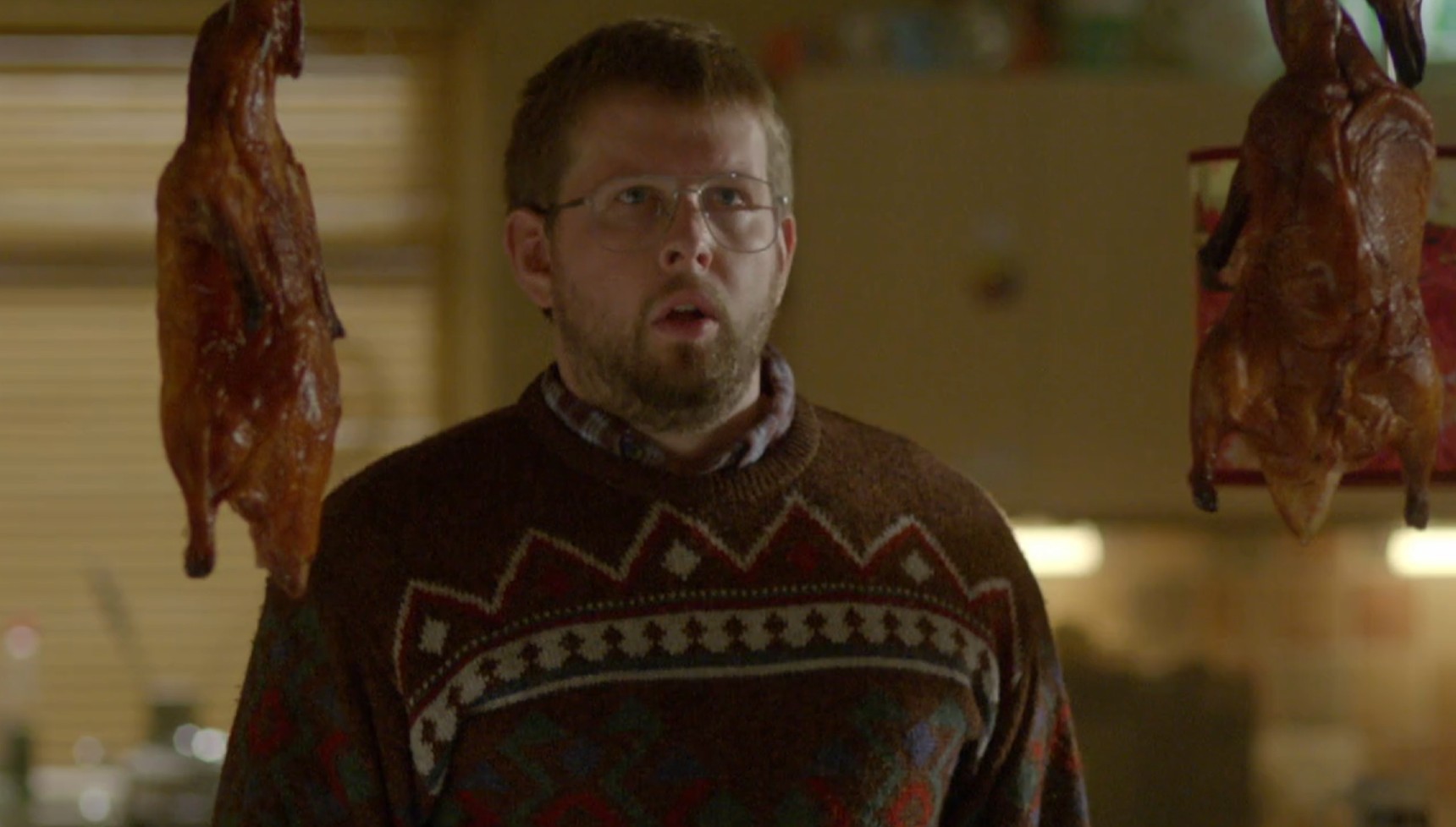 Greg McHugh's Howard surrounded by hung-up ducks in Fresh Meat