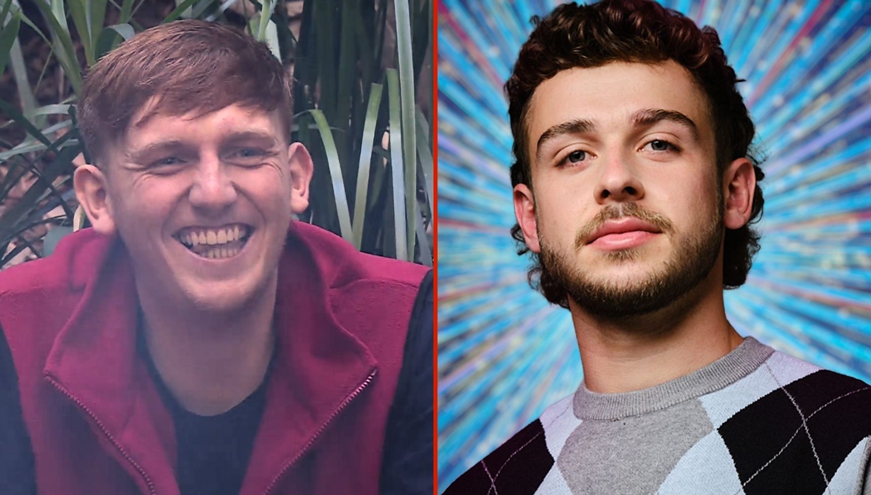 Angry Ginge laughing in I'm A Celebrity Get Me Out of Here 2025 and George Clarke standing in front of a blue backdrop in a promo image for Strictly Come Dancing