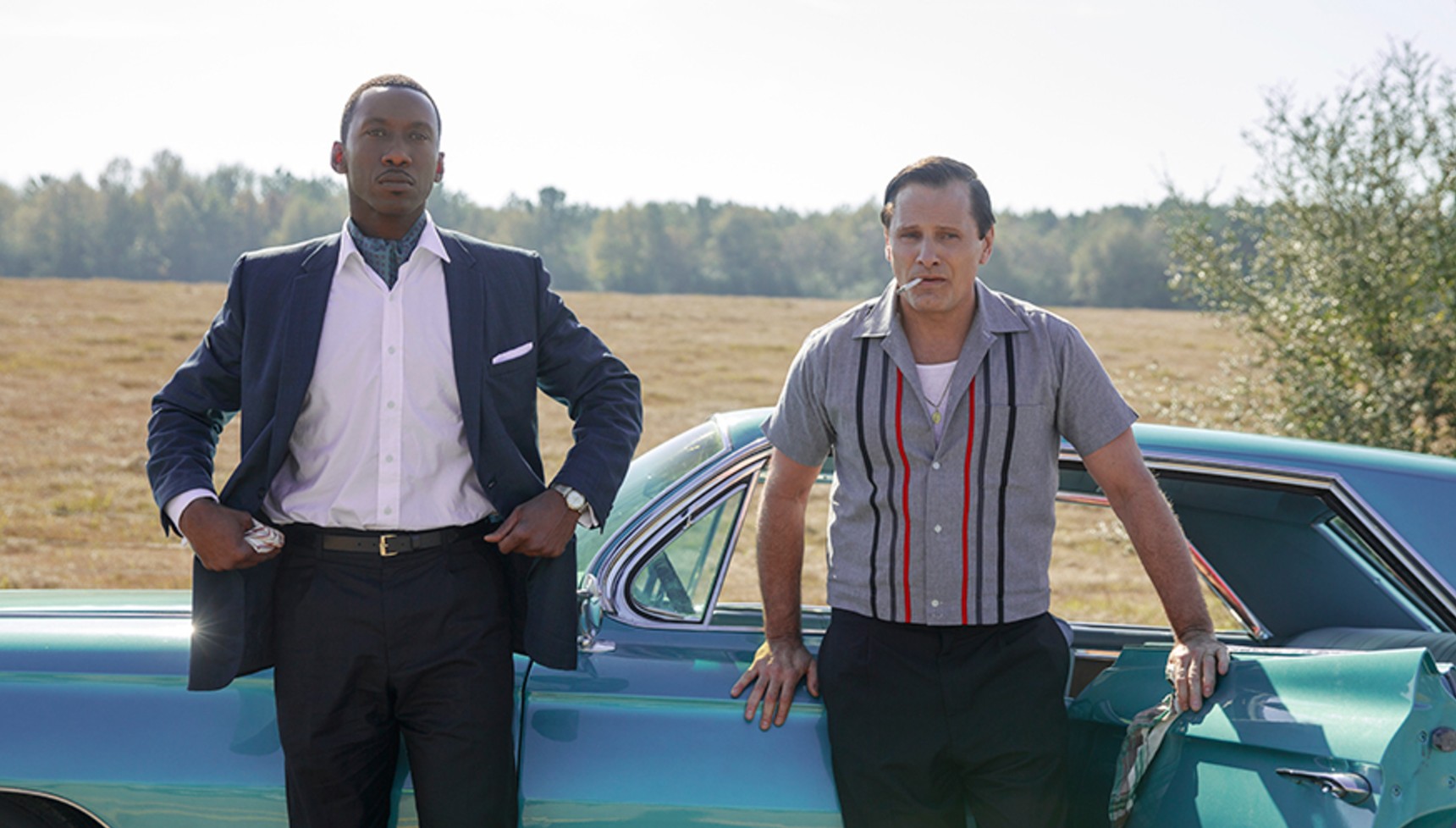 Mahershala Ali and Viggo Mortensen leaning against a car in Green Book