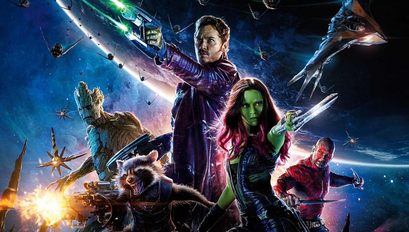 Star-Lord and the other Guardians of the Galaxy posing on the poster for the first film