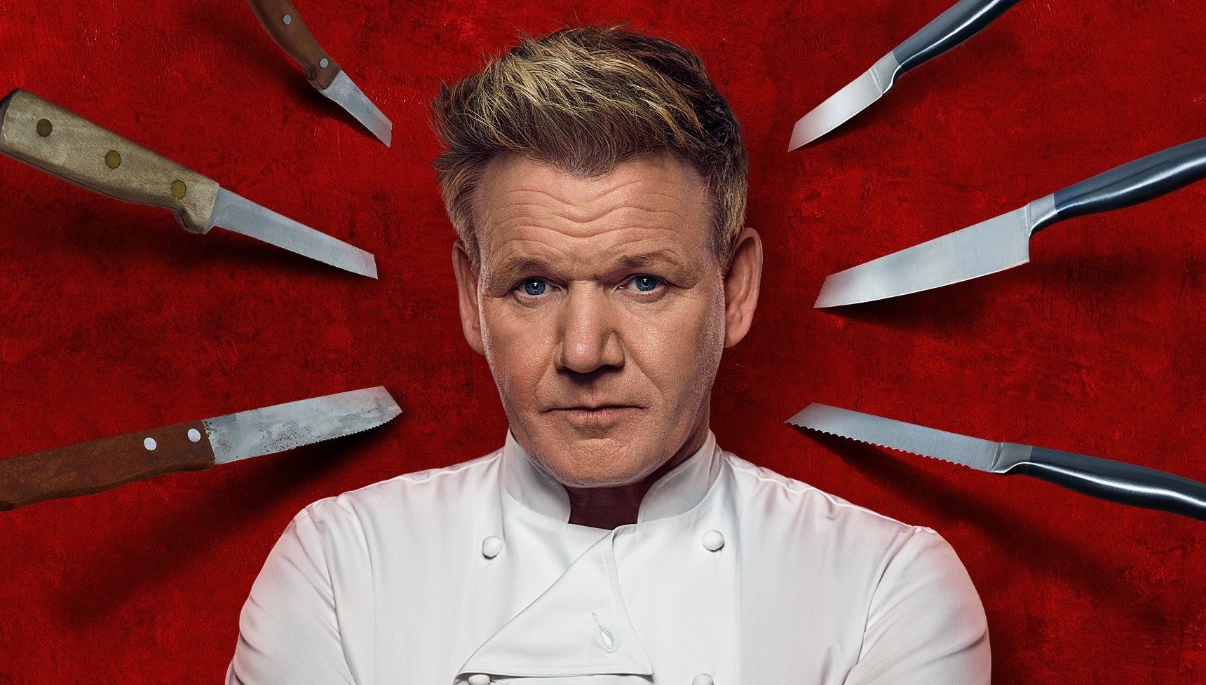Gordon Ramsay with knives pointed at his head 