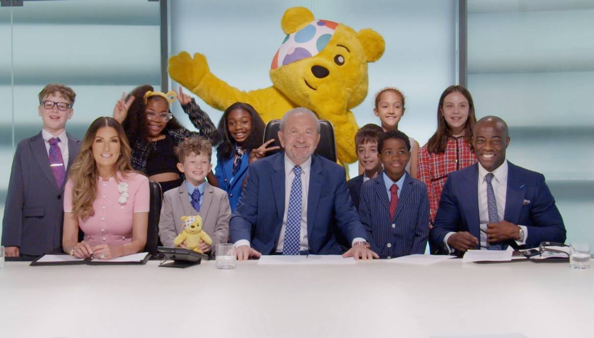 Lord Sugar with Pudsey and children in The Apprentice Children in Need sketch