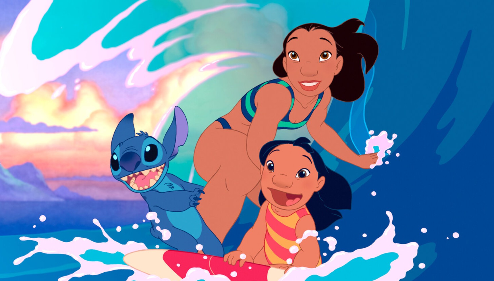 Nani, Lilo, and Stitch riding a wave on a surfboard together in Lilo and Stitch