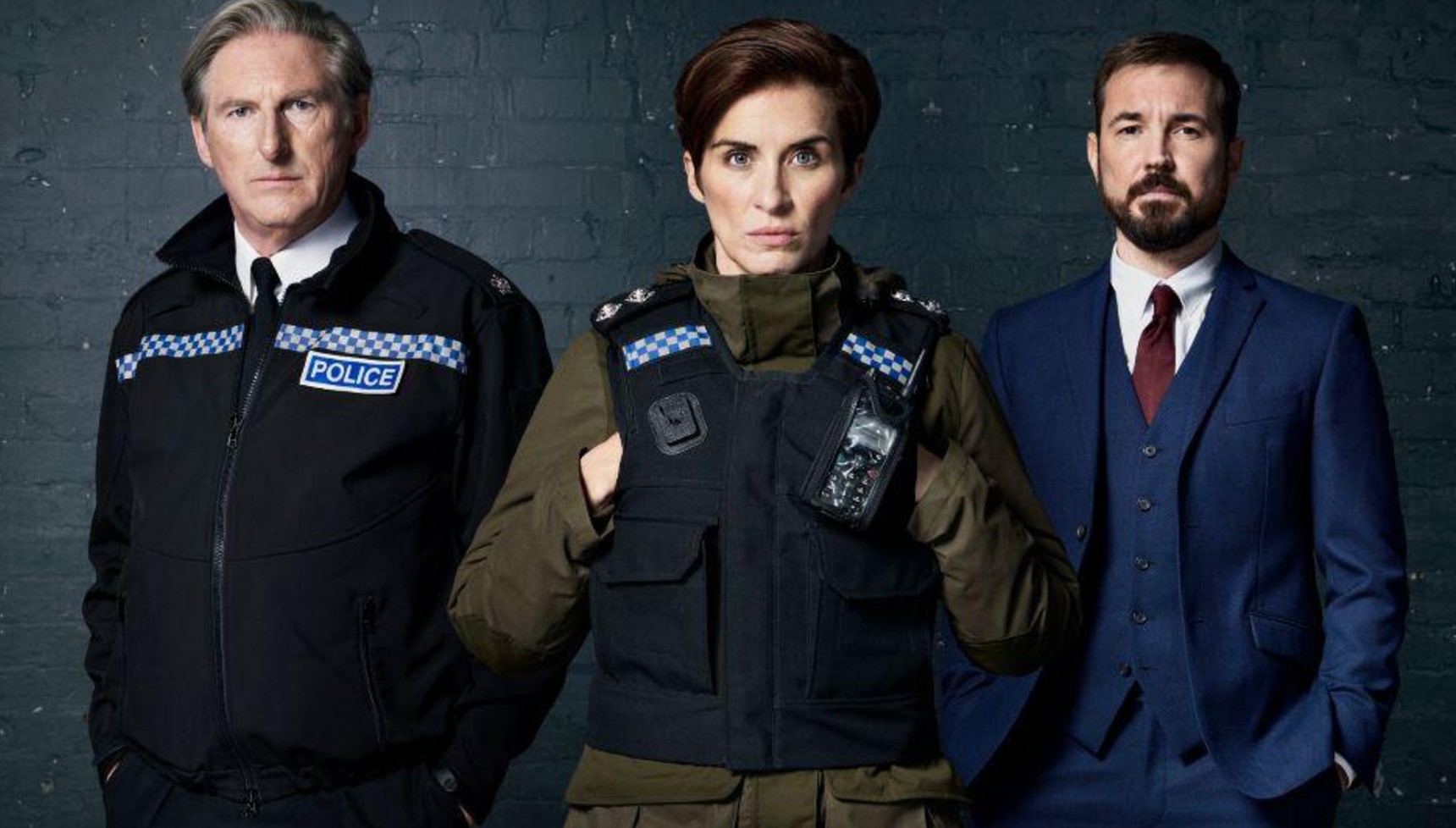 Adrian Dunbar, Vicky McClure, and Martin Compston in a promotional image for Line of Duty