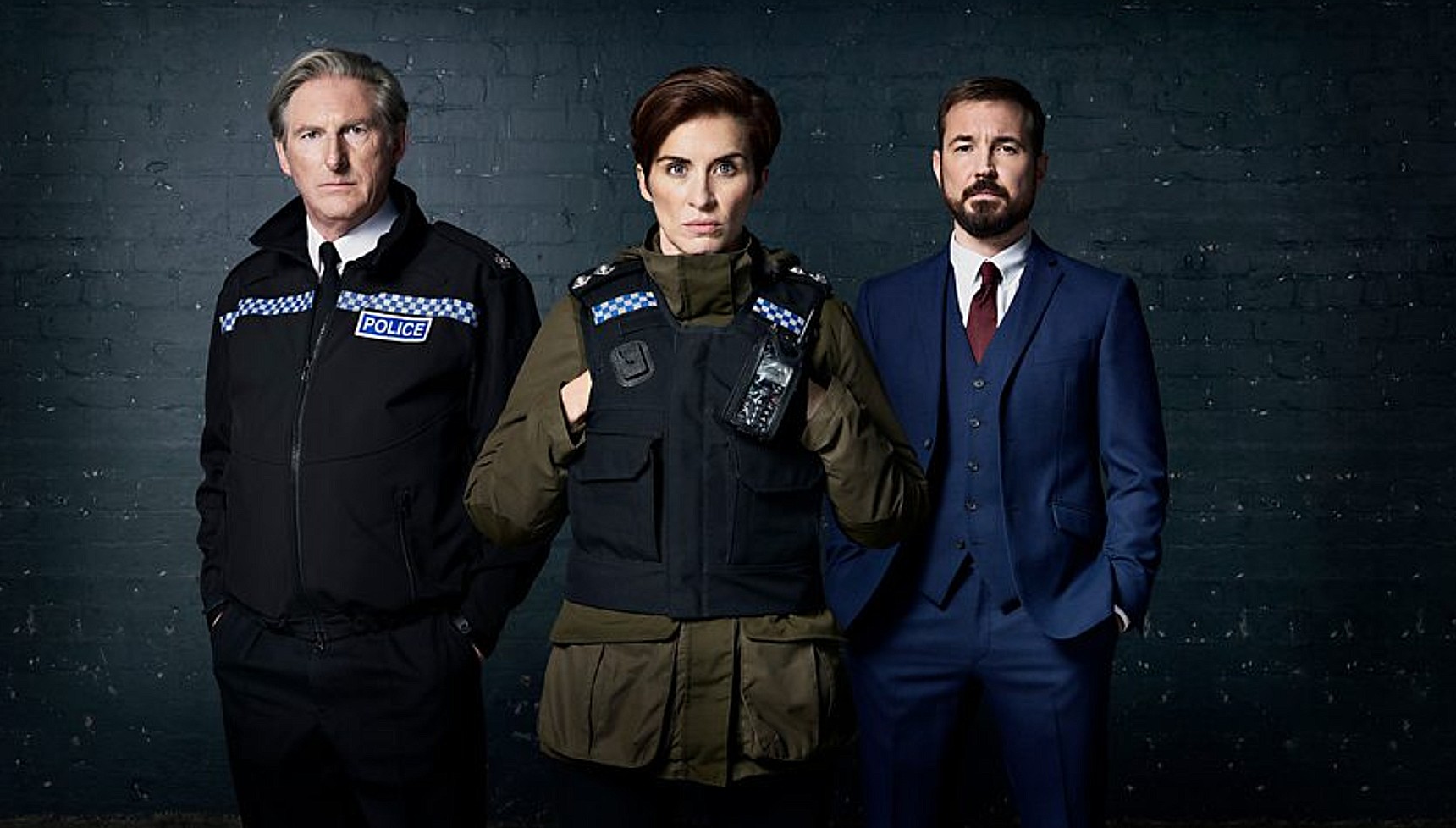Adrian Dunbar, Vicky McClure, and Martin Compston in character in a promotional image for Line of Duty