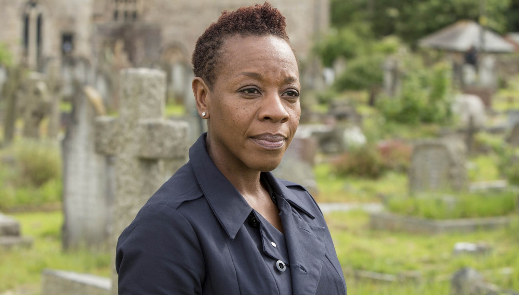 Marianne Jean-Baptiste in a graveyard in Broadchurch