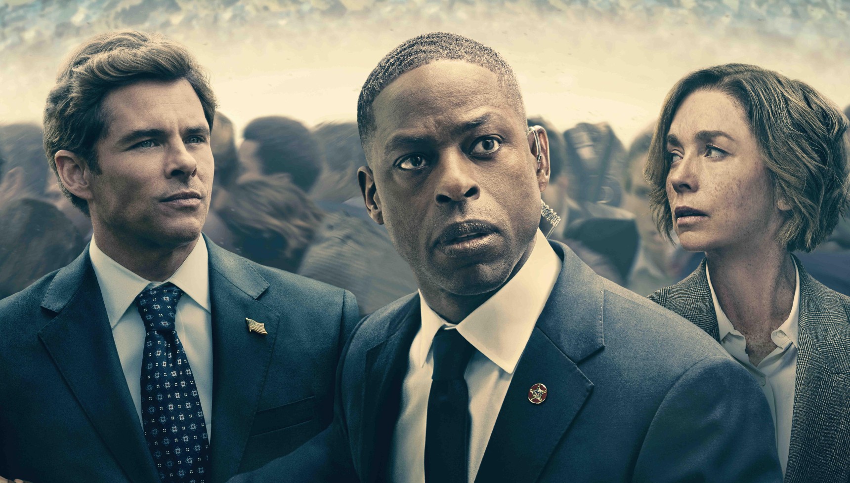James Marsden, Sterling K. Brown, and Julianne Nicholson standing next to each other on the poster for Paradise