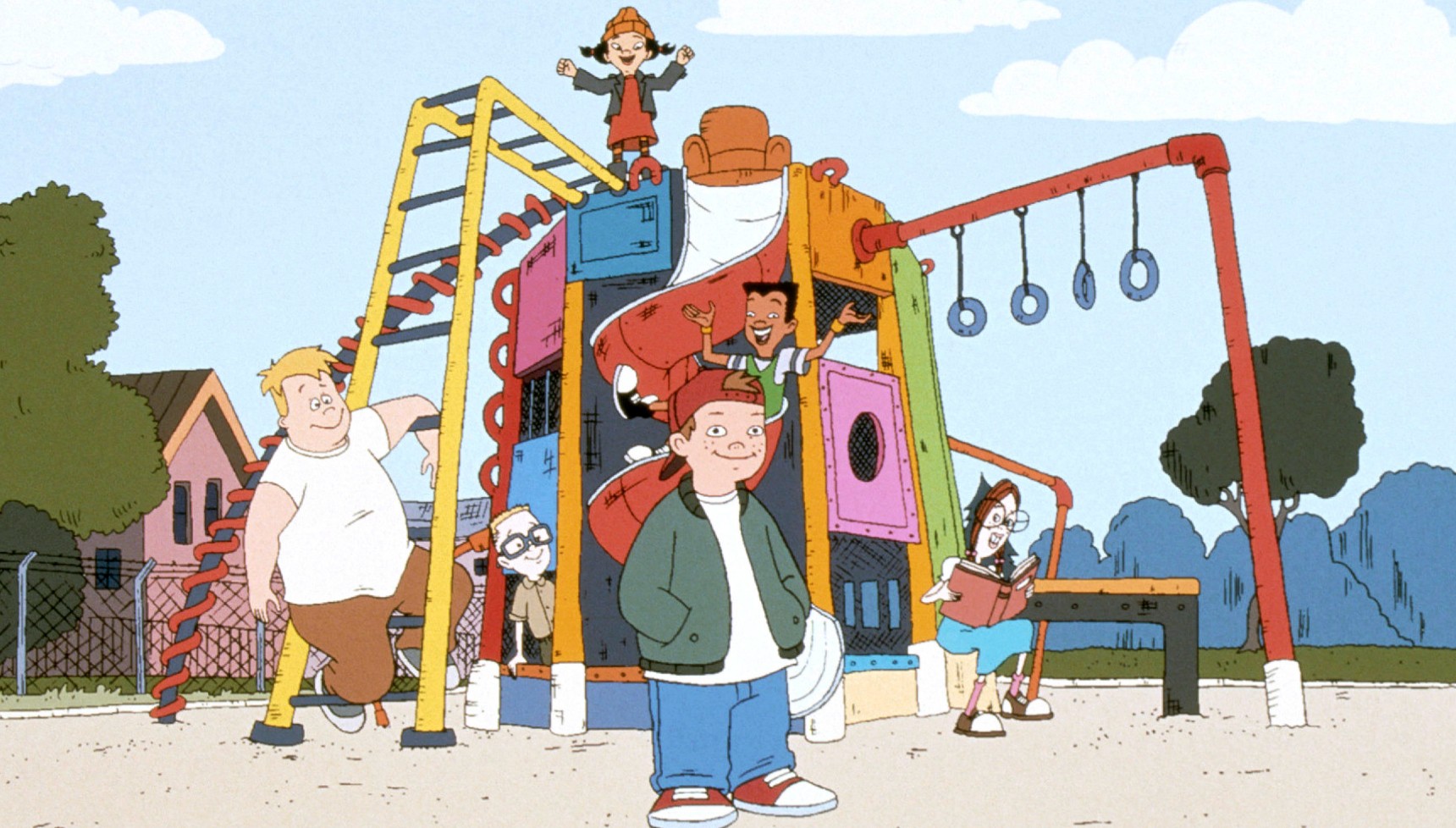 The six Recess school friends gather at the playground's jungle gym