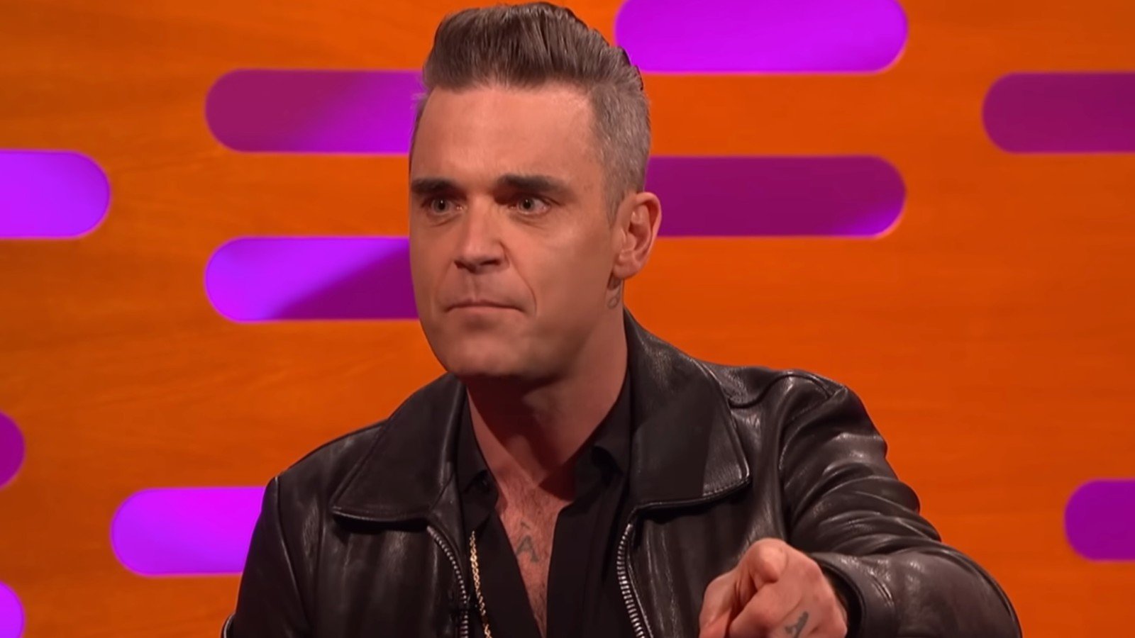 Robbie Williams pointing forward in The Graham Norton Show