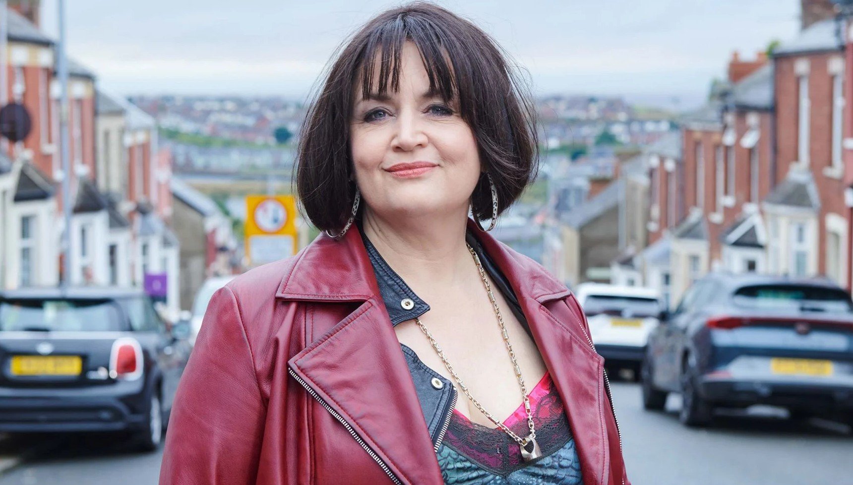 Ruth Jones in her outfit as Nessa on a street in Barry in Gavin and Stacey
