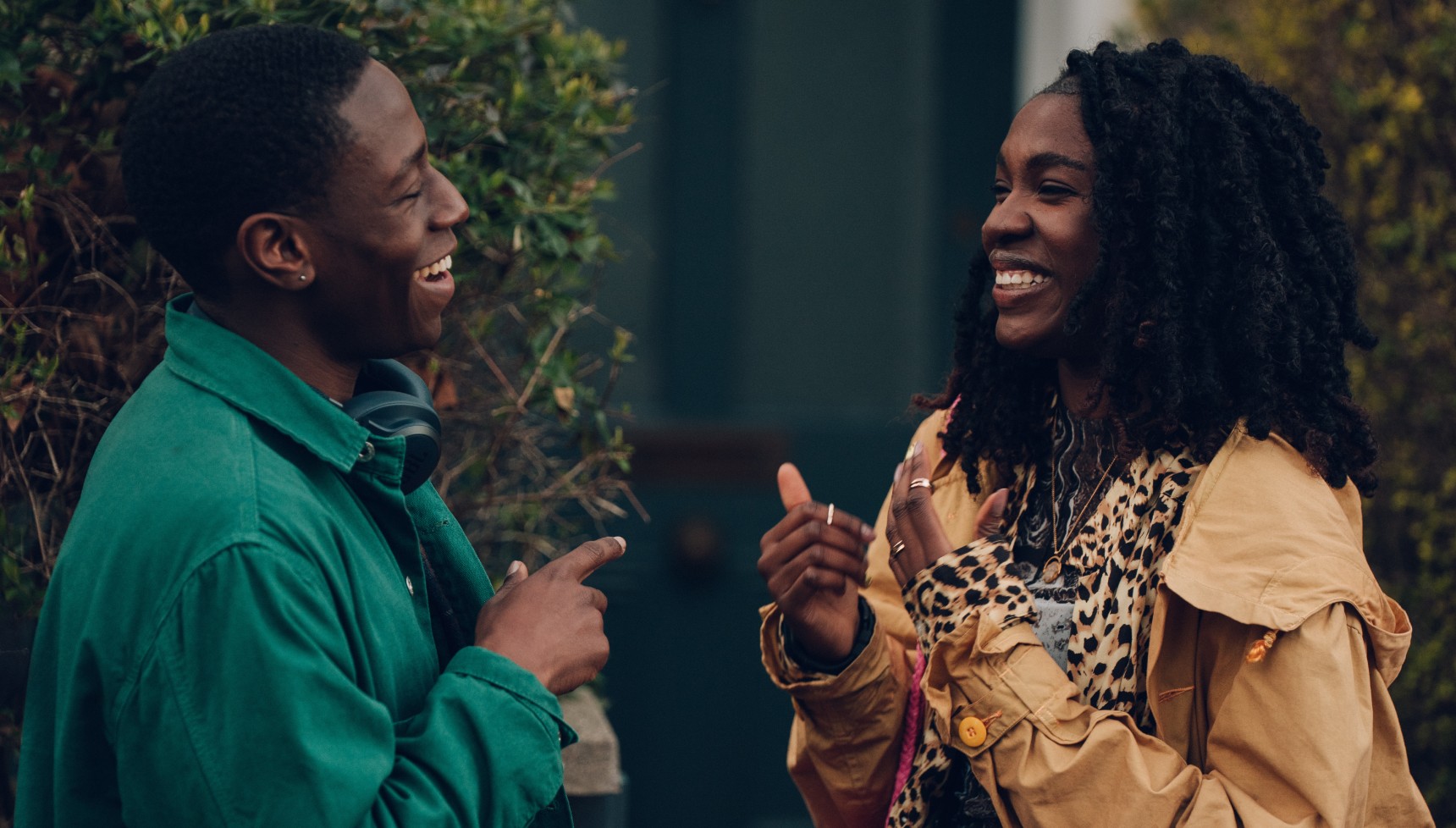 David Jonsson and Vivian Oparah smiling and laughing in Rye Lane