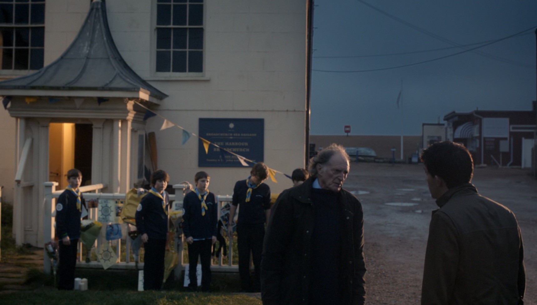 David Bradley and Arthur Darvill outside the converted Sea Brigade Hall in Broadchurch