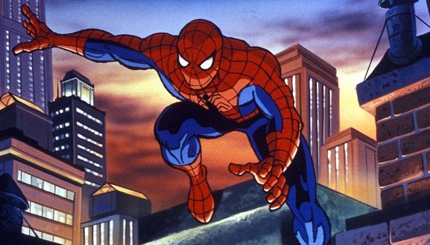 Spider-Man jumping from a rooftop in the original animated series