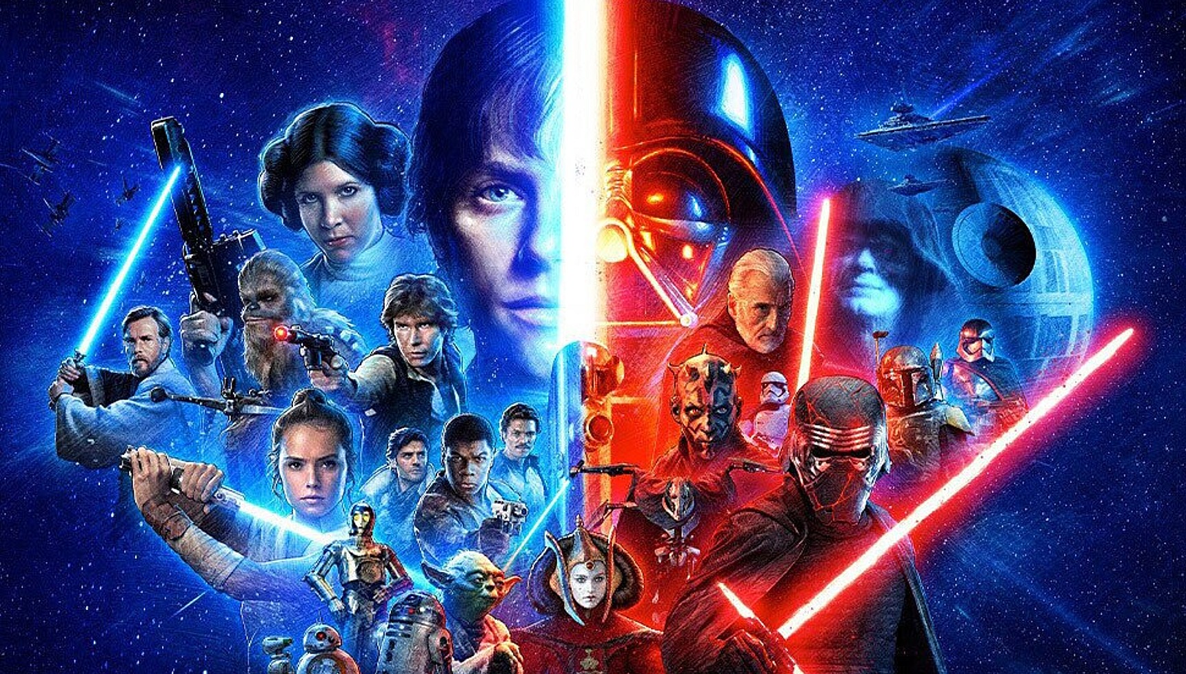 Every character in the Skywalker Saga from Star Wars on a poster together