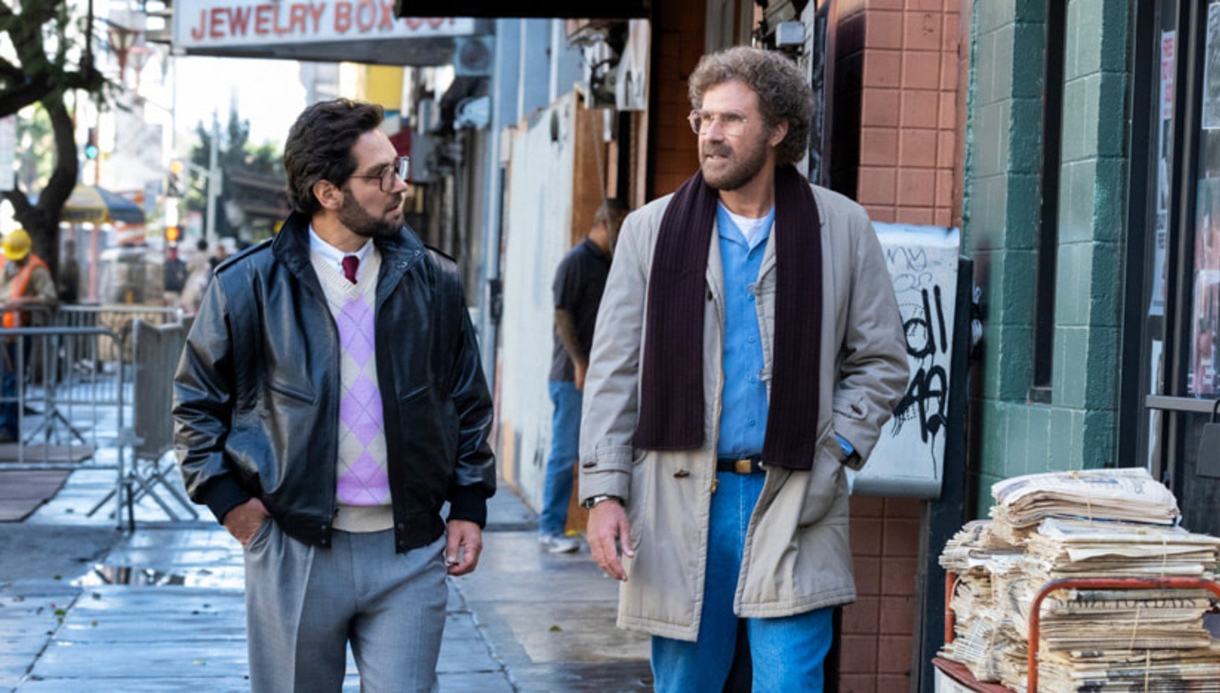 Two men strolling down the street