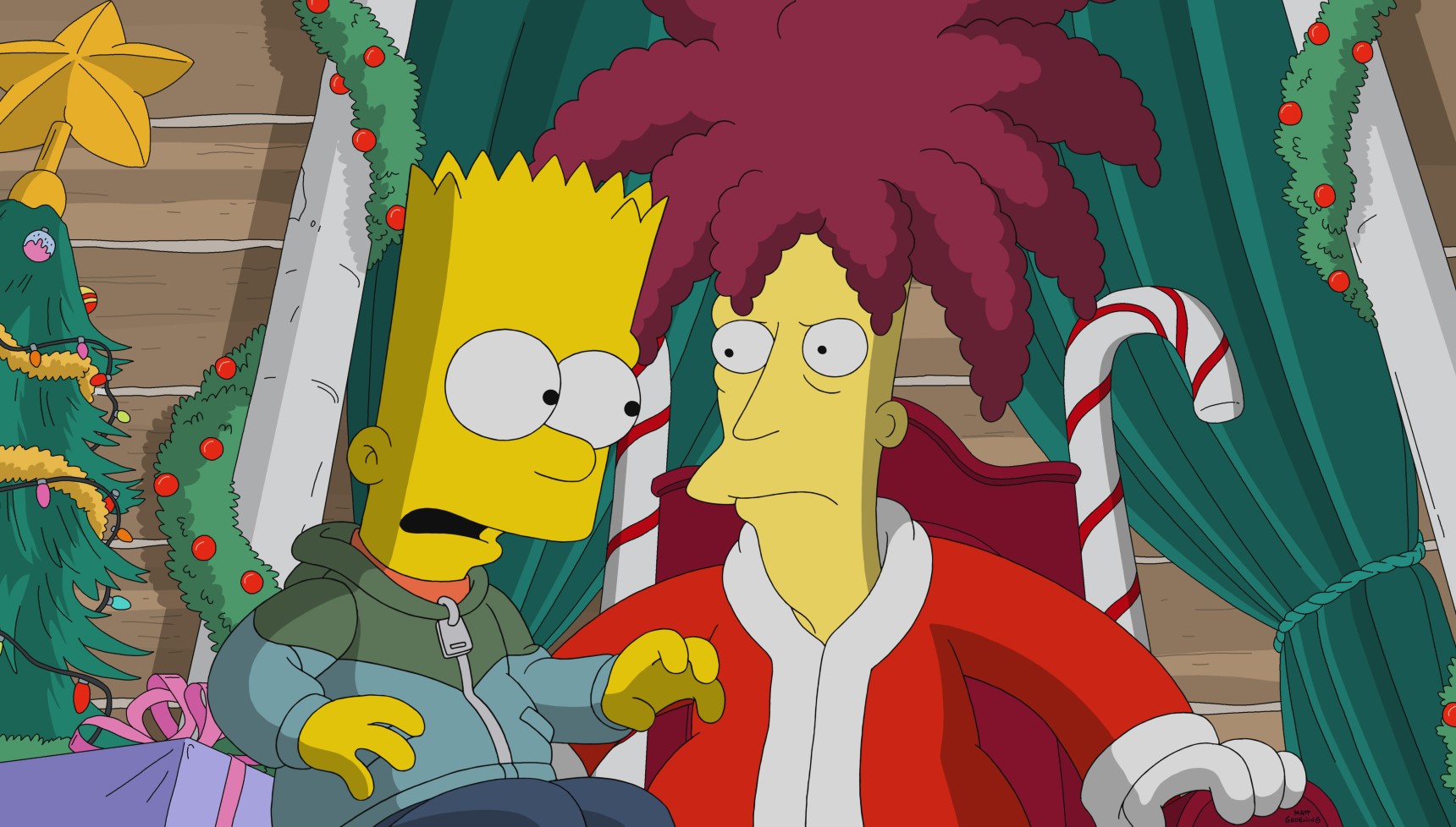 Bart Simpson and Sideshow Bob in a Christmas entanglement in The Simpsons