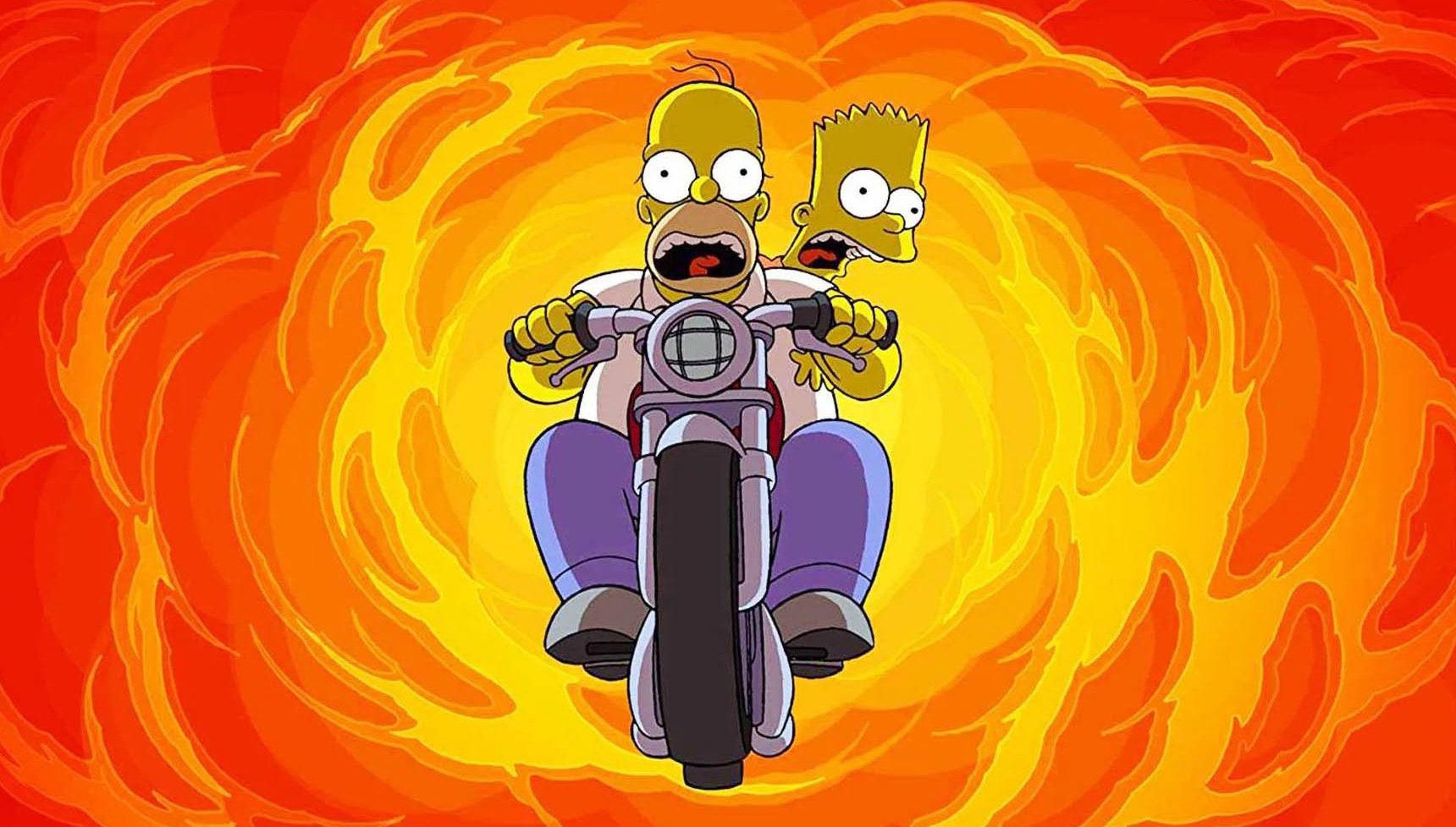 Homer riding a motorbike away from an explosion as Bart screams in The Simpsons Movie