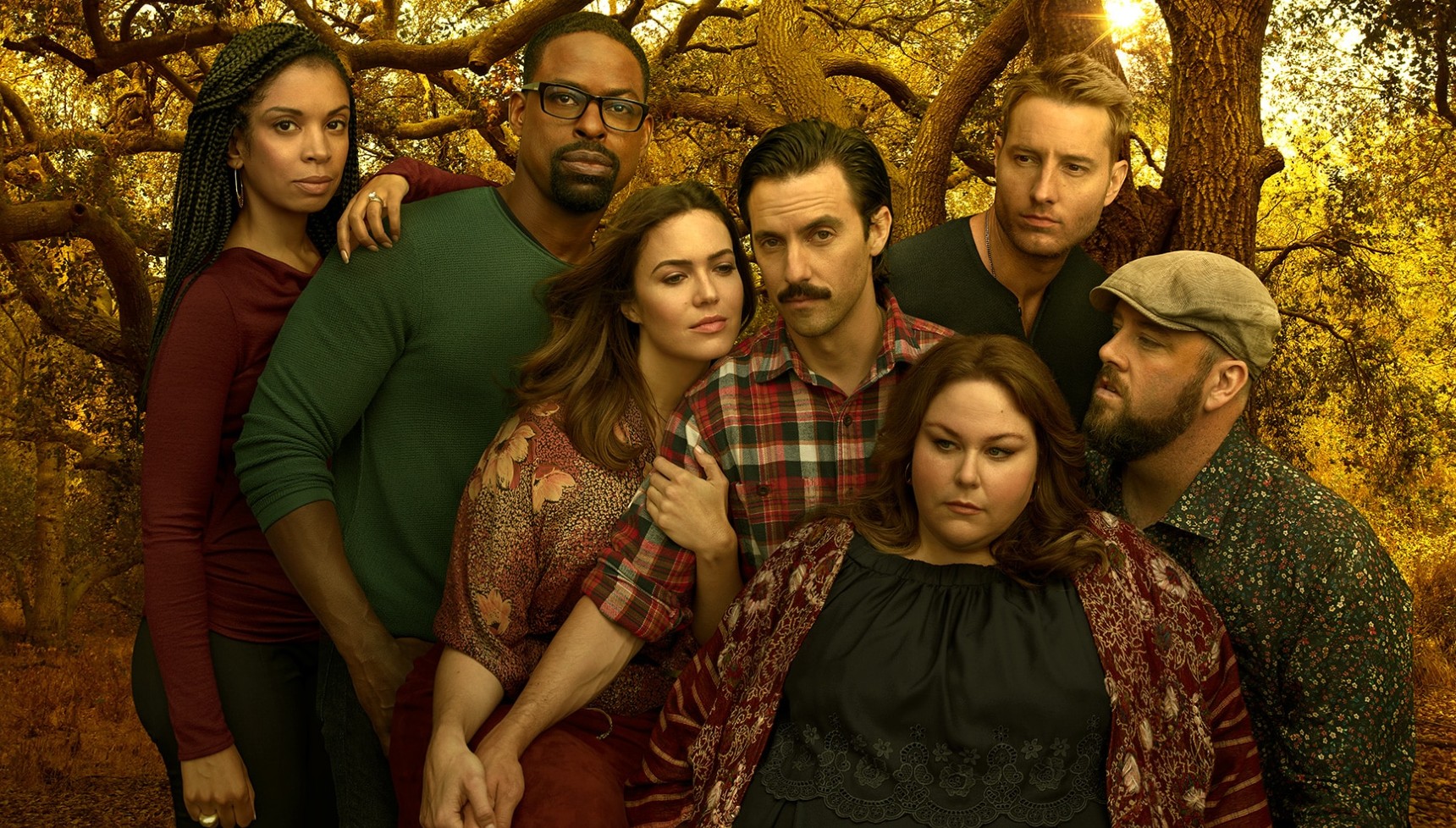 The cast for This is Us standing together in front of trees on the poster