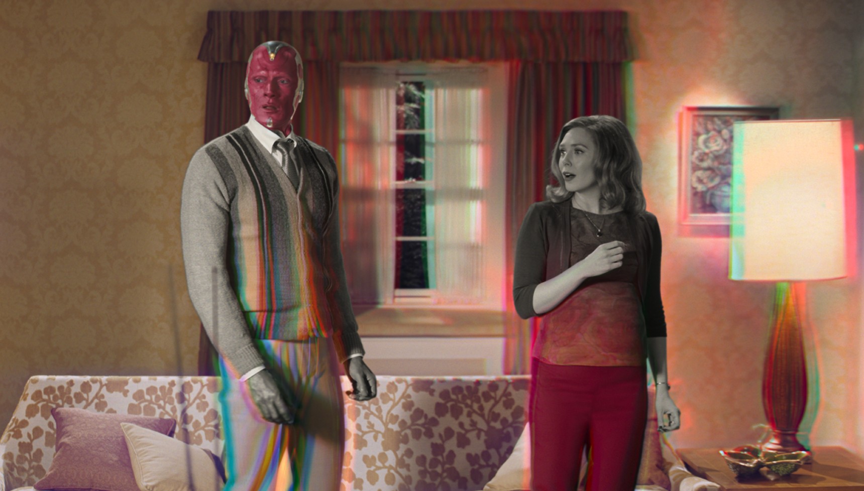 Paul Bettany and Elizabeth Olsen's superheroes in their living room in WandaVision