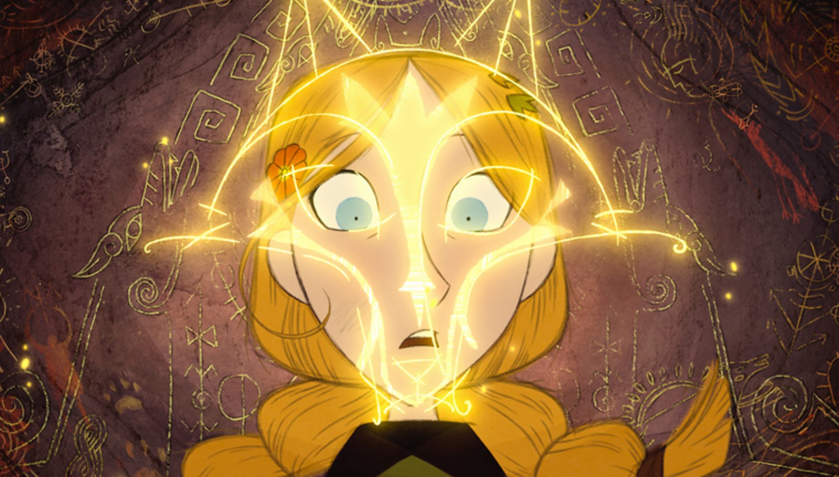 Animated girl with a wolf face emerging over her own