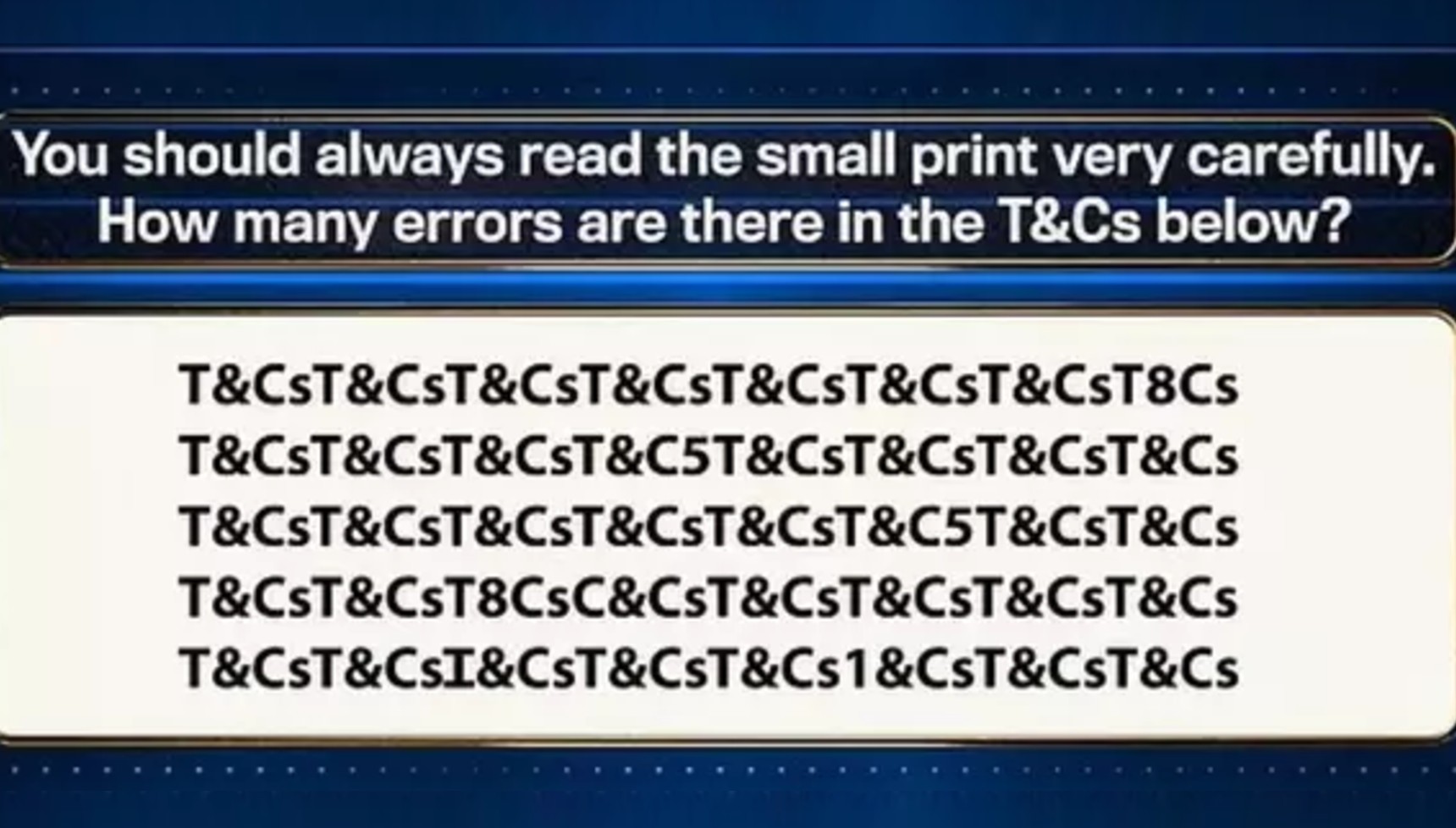 A screenshot of a question from The 1% Club about T&Cs 