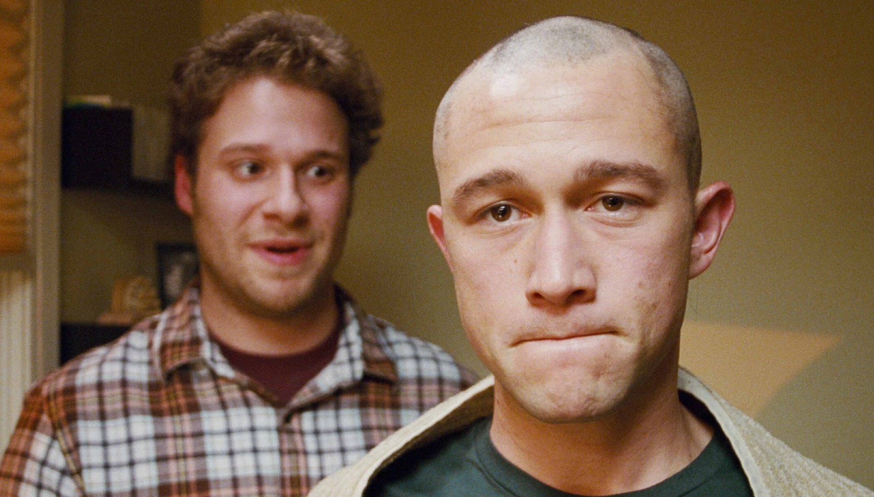 Seth Rogen looking at Joseph Gordon-Levitt with a bald head in 50/50