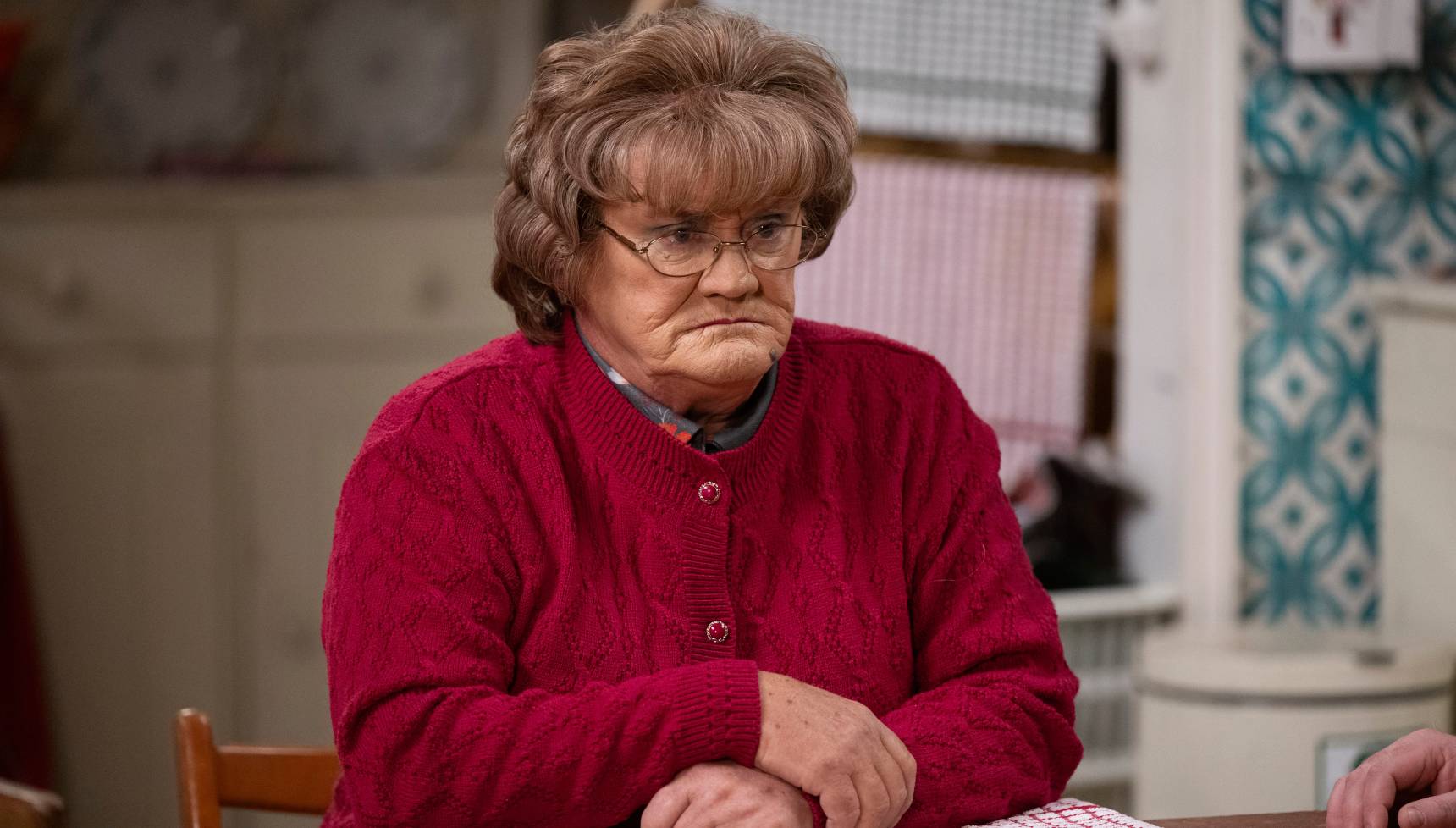 Mrs Brown looking grumpy in New Year's Day TV episode of Mrs Brown