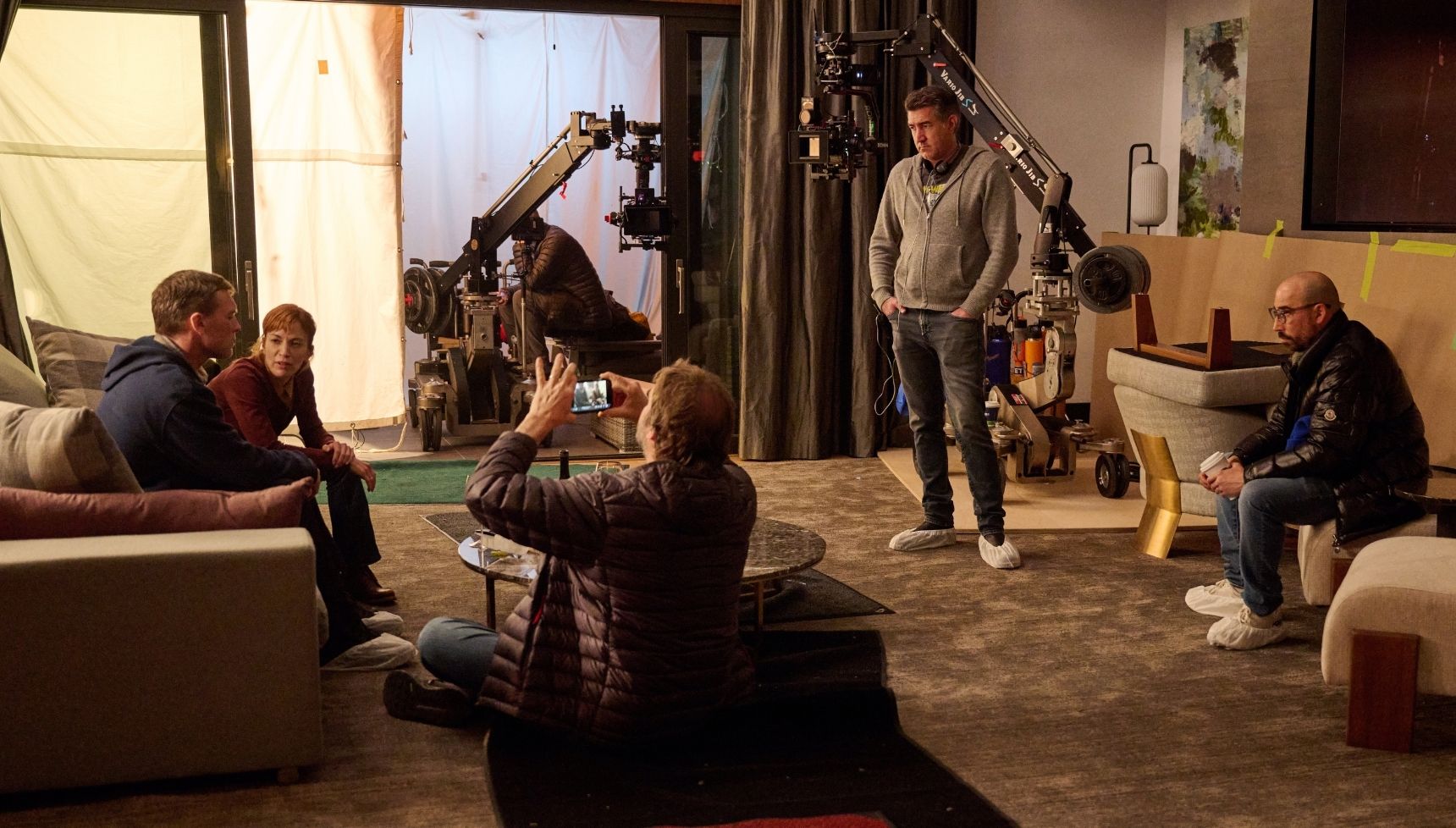 The cast of Harlan Coben's I Will Find You filming on set