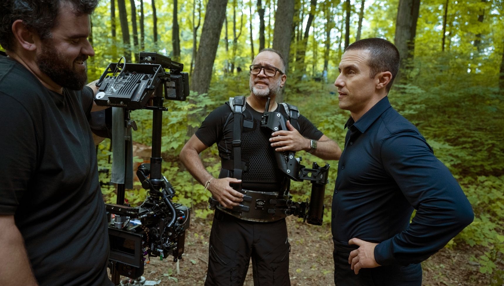 The cast of Harlan Coben's I Will Find You filming in some woods
