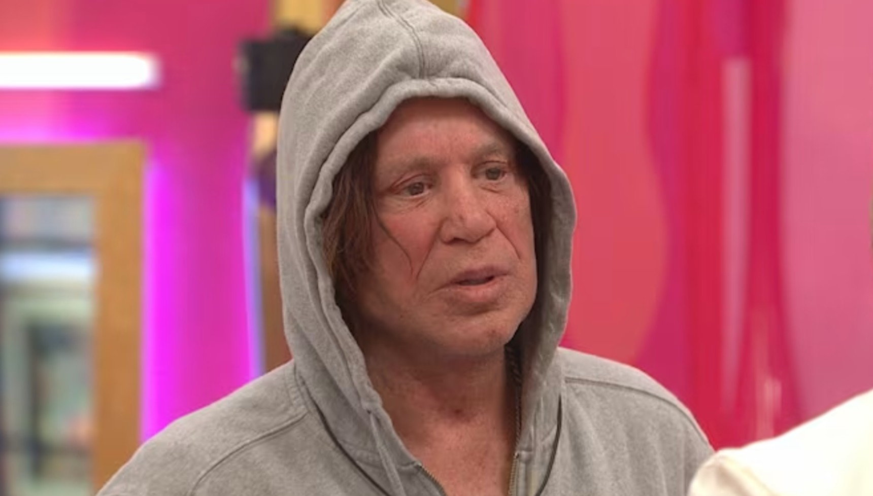 Mickey Rourke wearing a hoodie on Celebrity Big Brother