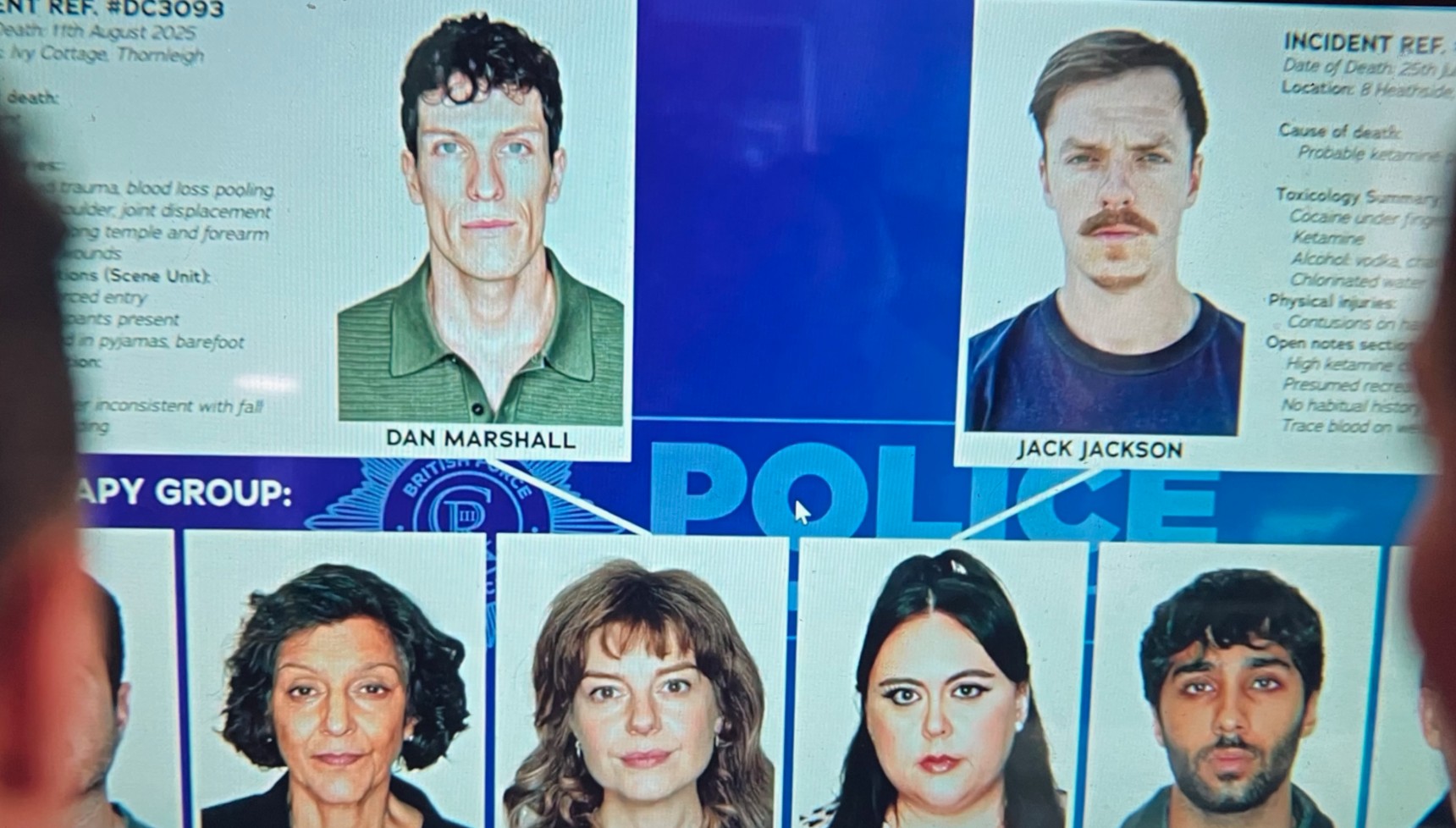 Crime wall of suspects in The Revenge Club