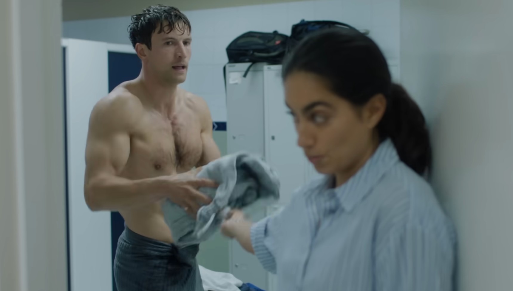 Leo Suter as topless DI Thomas Lynley, and Sofia Barclay as DS Barbara Havers in Lynley