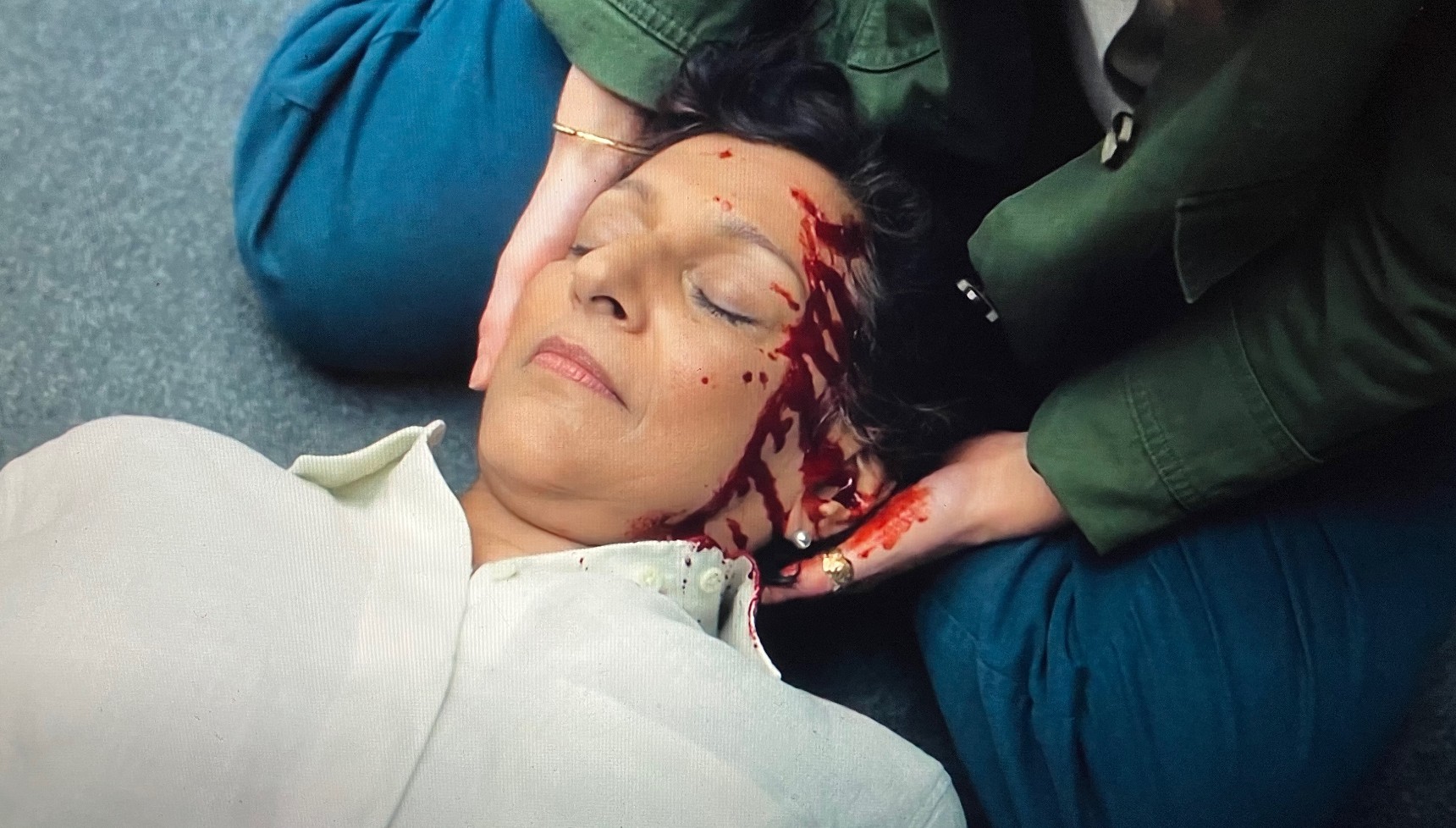 Meera Syal as injured Rita in The Revenge Club