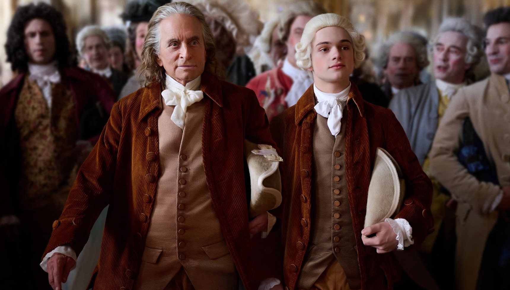 Micheal Douglas and Noah Jupe as Benjamin Franklin and Temple Franklin in Franklin