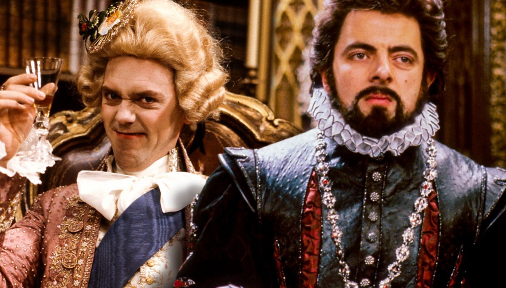 Hugh Laurie and Rowan Atkinson in Victorian wear in Blackadder